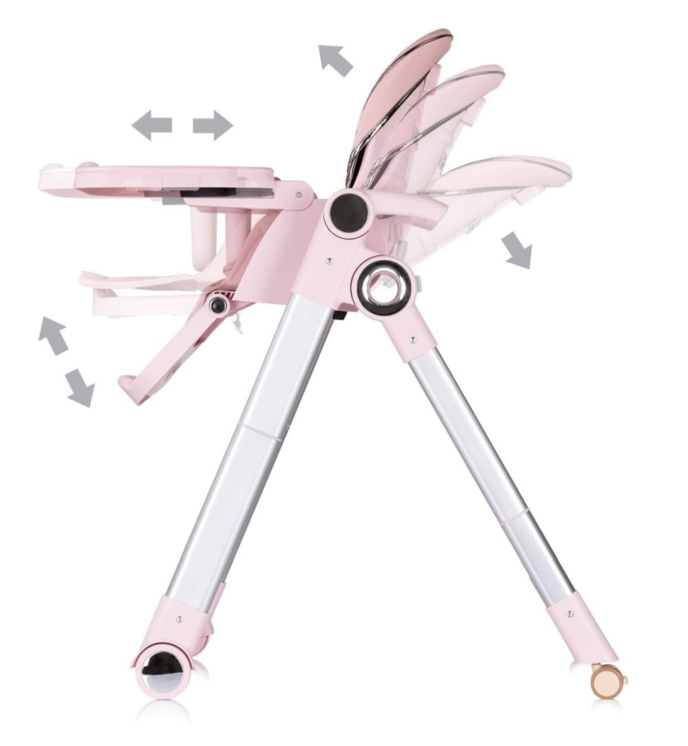 Ein rosa Babyhochstuhl mit verstellbaren Funktionen, einschließlich Tablett, Sitz und Fußstütze, mit Pfeilen, die die Einstellrichtungen angeben.