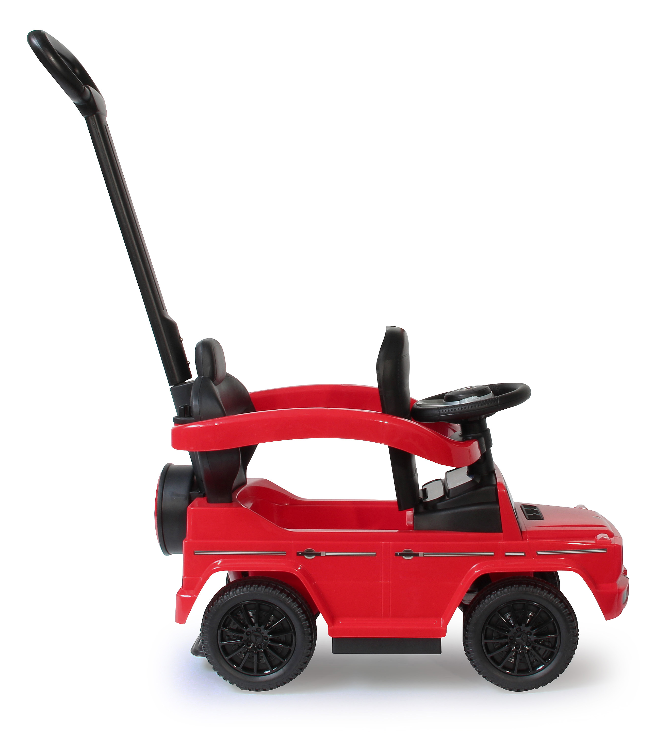 Rotes Spielzeugauto mit schwarzen Rädern, Lenkrad und Schiebegriff. Es ist für Kinder konzipiert.