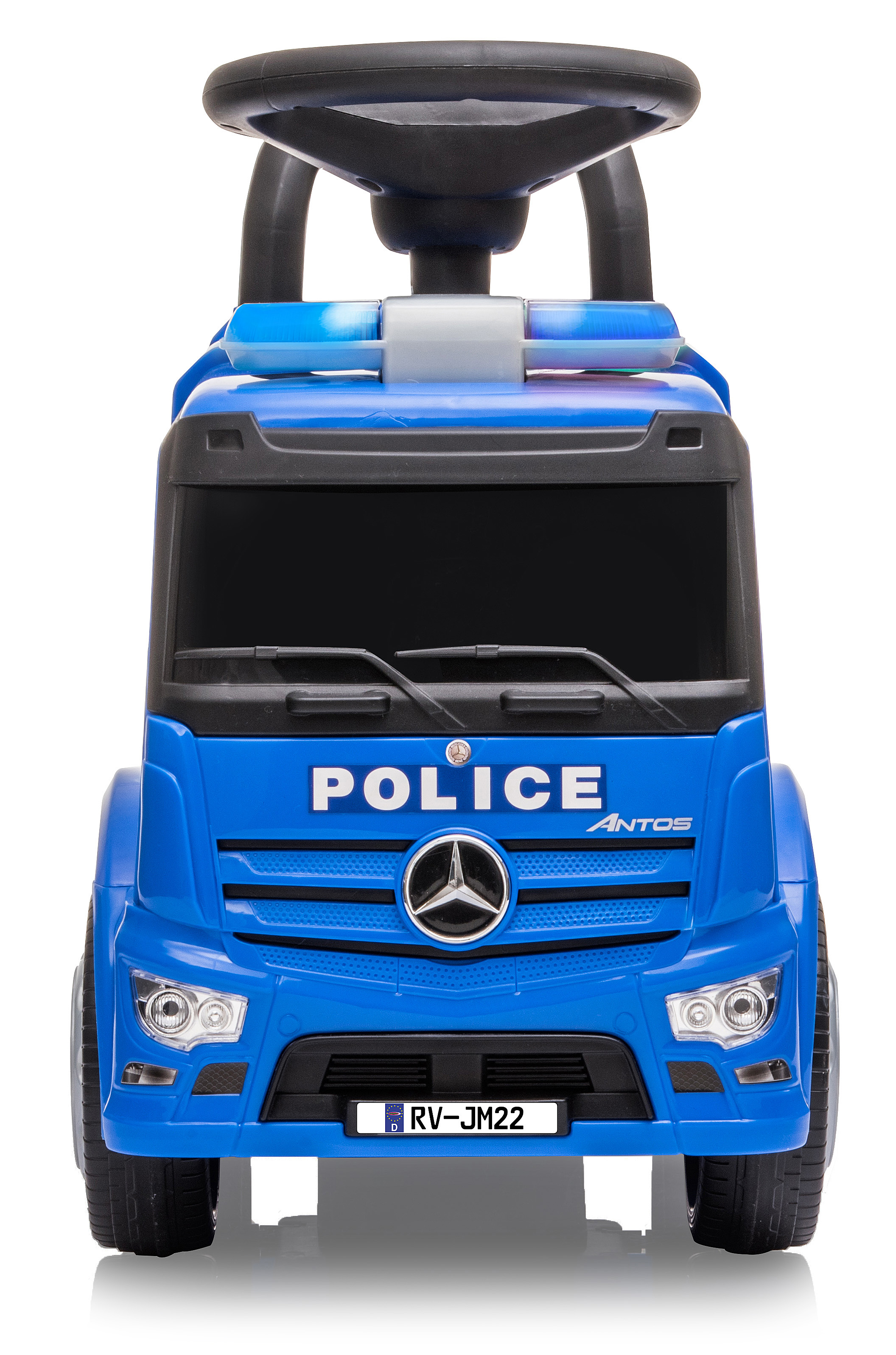 Ein blaues Polizei-Spielzeugauto mit schwarzem Lenkrad und Blinklichtern, weißer Hintergrund.