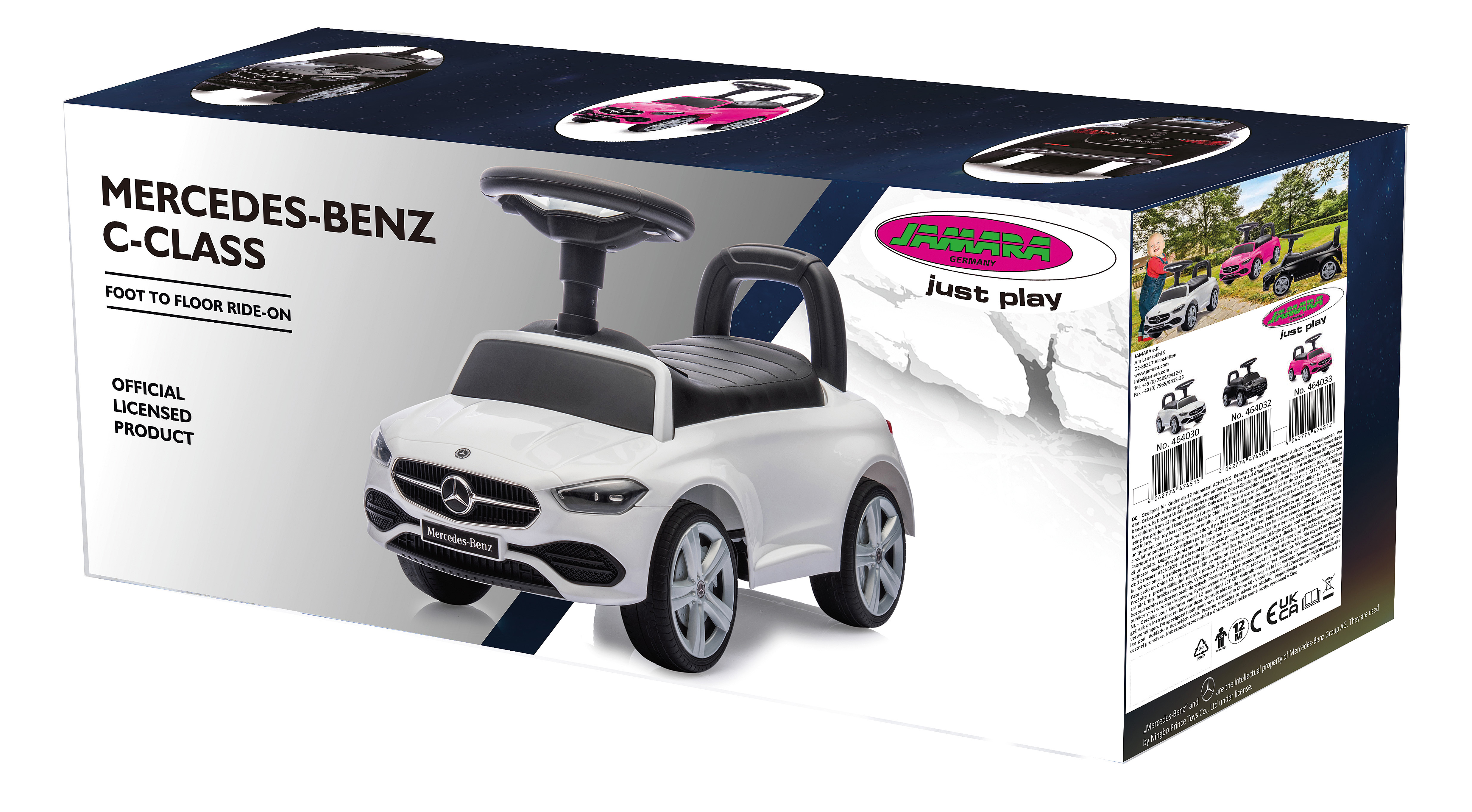 Weißes Mercedes-Benz C-Klasse Spielzeugauto auf einer Box. Die Box zeigt das Auto und andere Modelle.