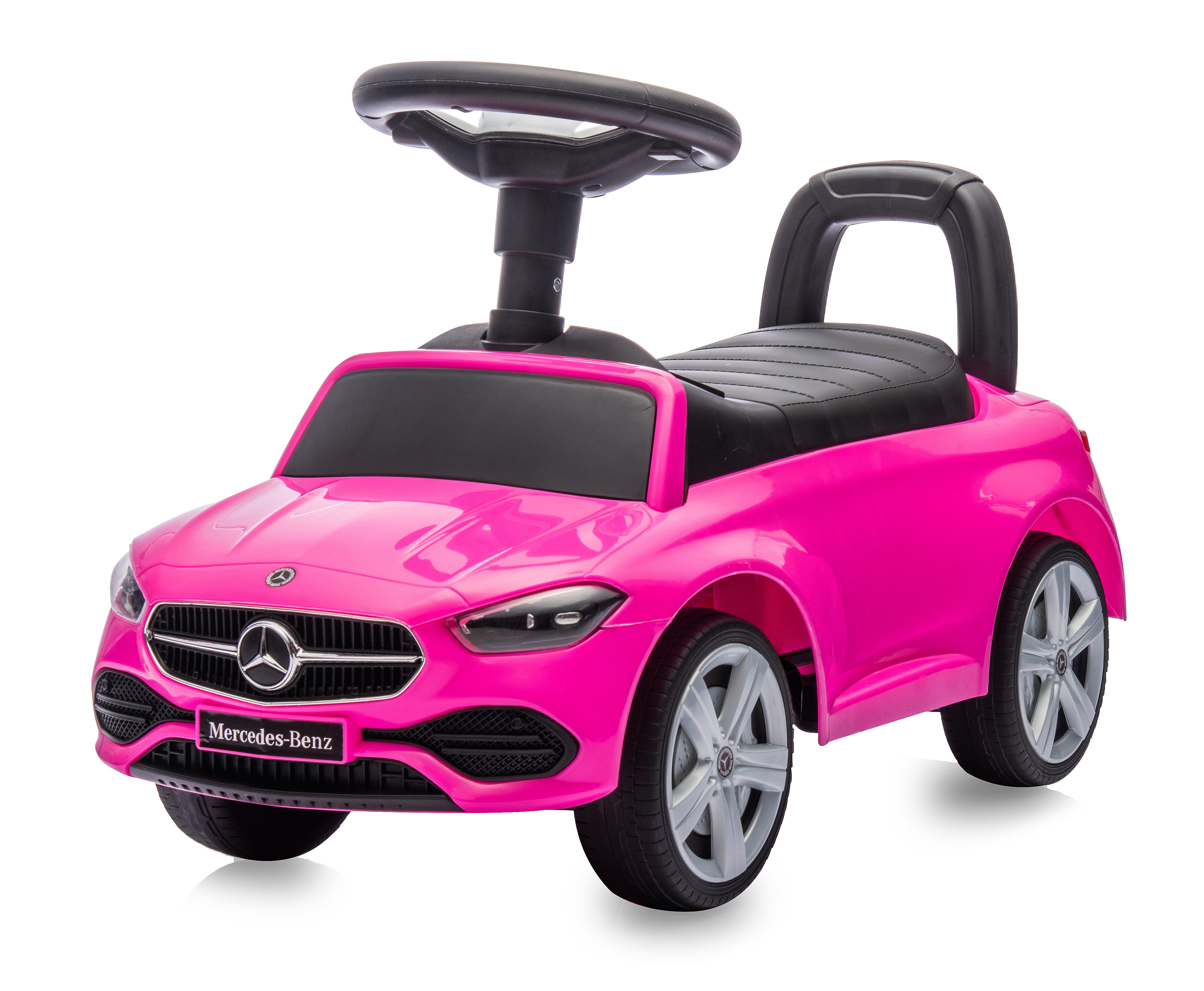 Ein rosa Mercedes-Benz Spielzeugauto. Es hat ein schwarzes Lenkrad, einen Sitz und einen Griff. Die Räder sind grau.