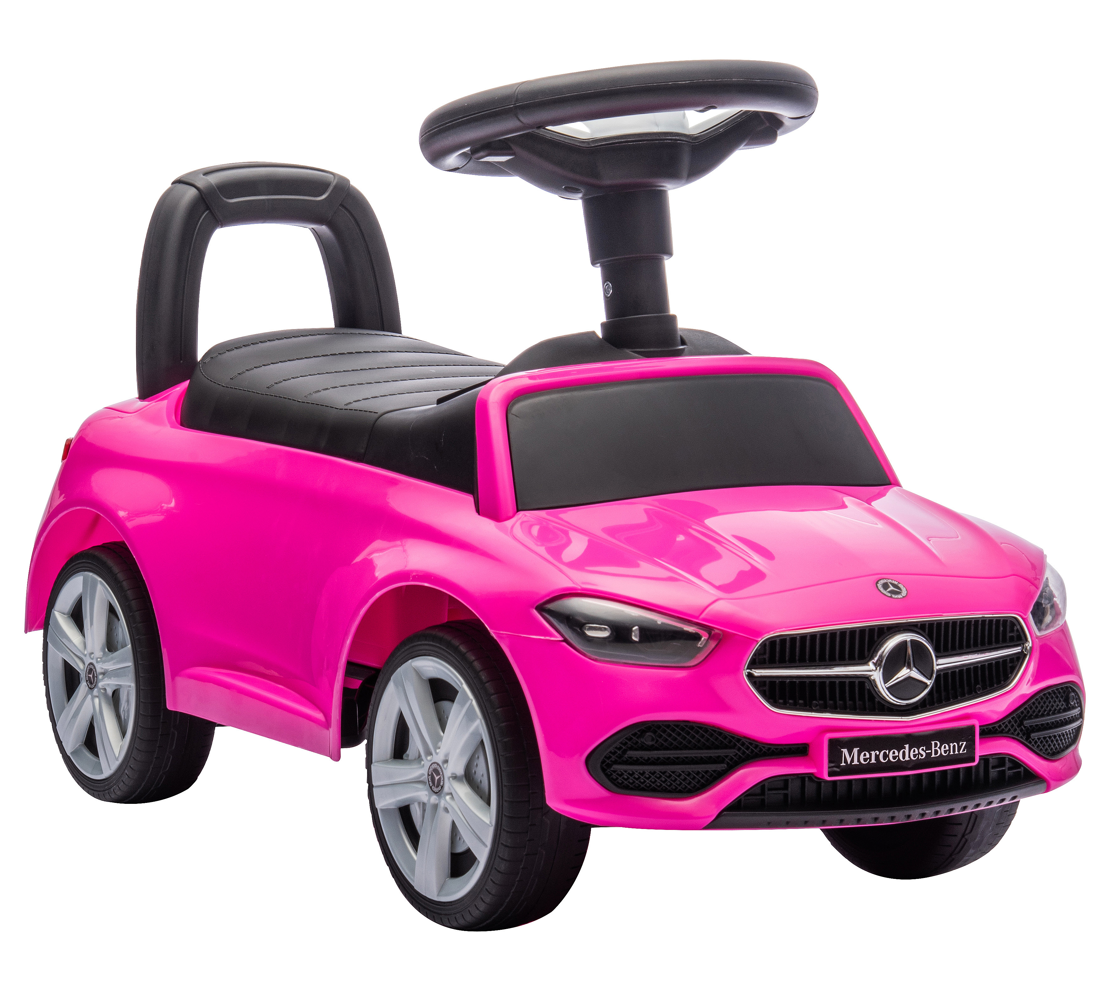 Ein rosa Mercedes-Benz Spielzeugauto. Es hat ein Lenkrad, einen schwarzen Sitz und silberne Räder. Der Hintergrund ist weiß.