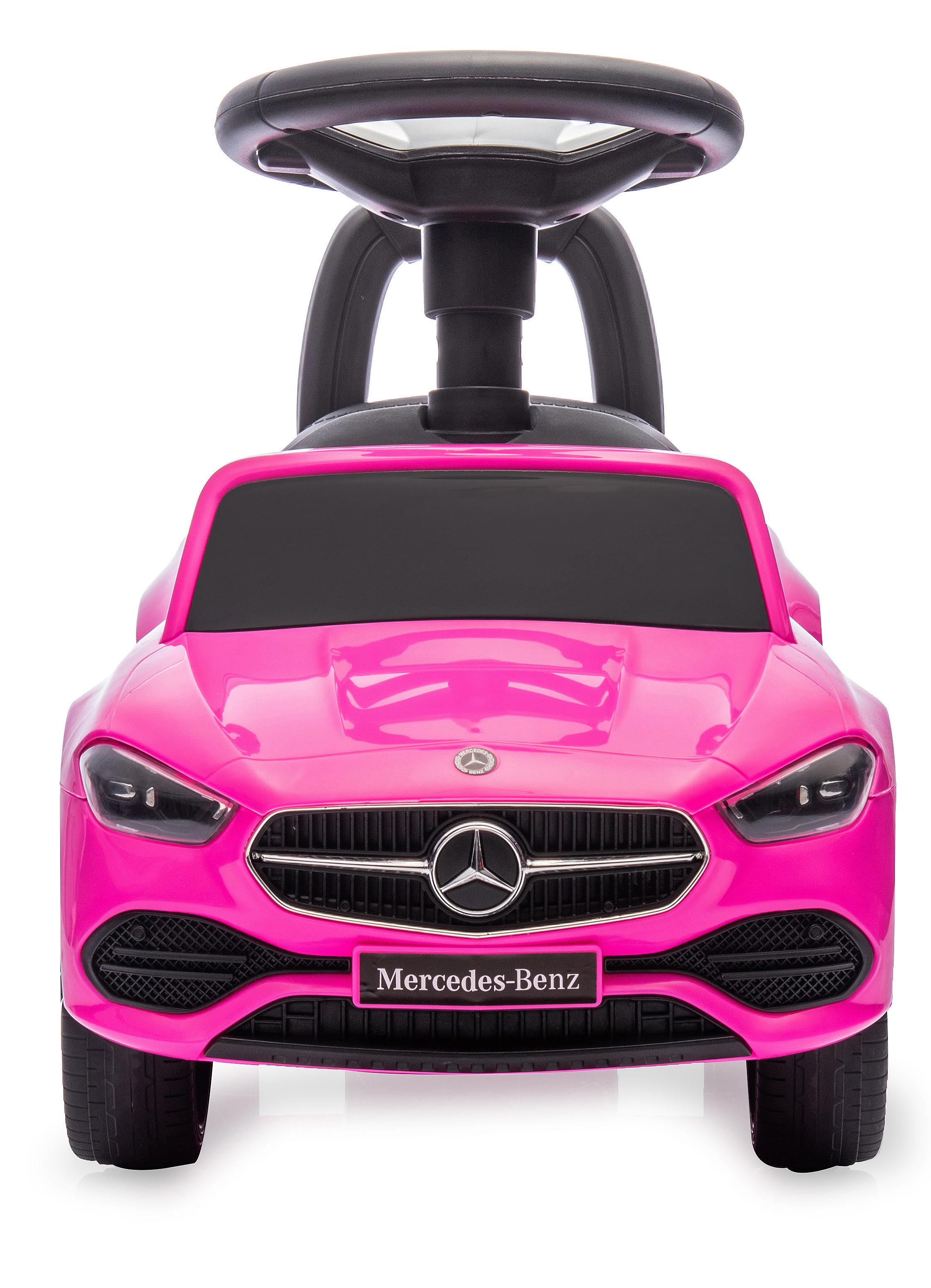 Ein pinkfarbenes Mercedes-Benz-Spielzeugauto mit schwarzem Lenkrad auf weißem Hintergrund. Es hat eine schwarze Windschutzscheibe.
