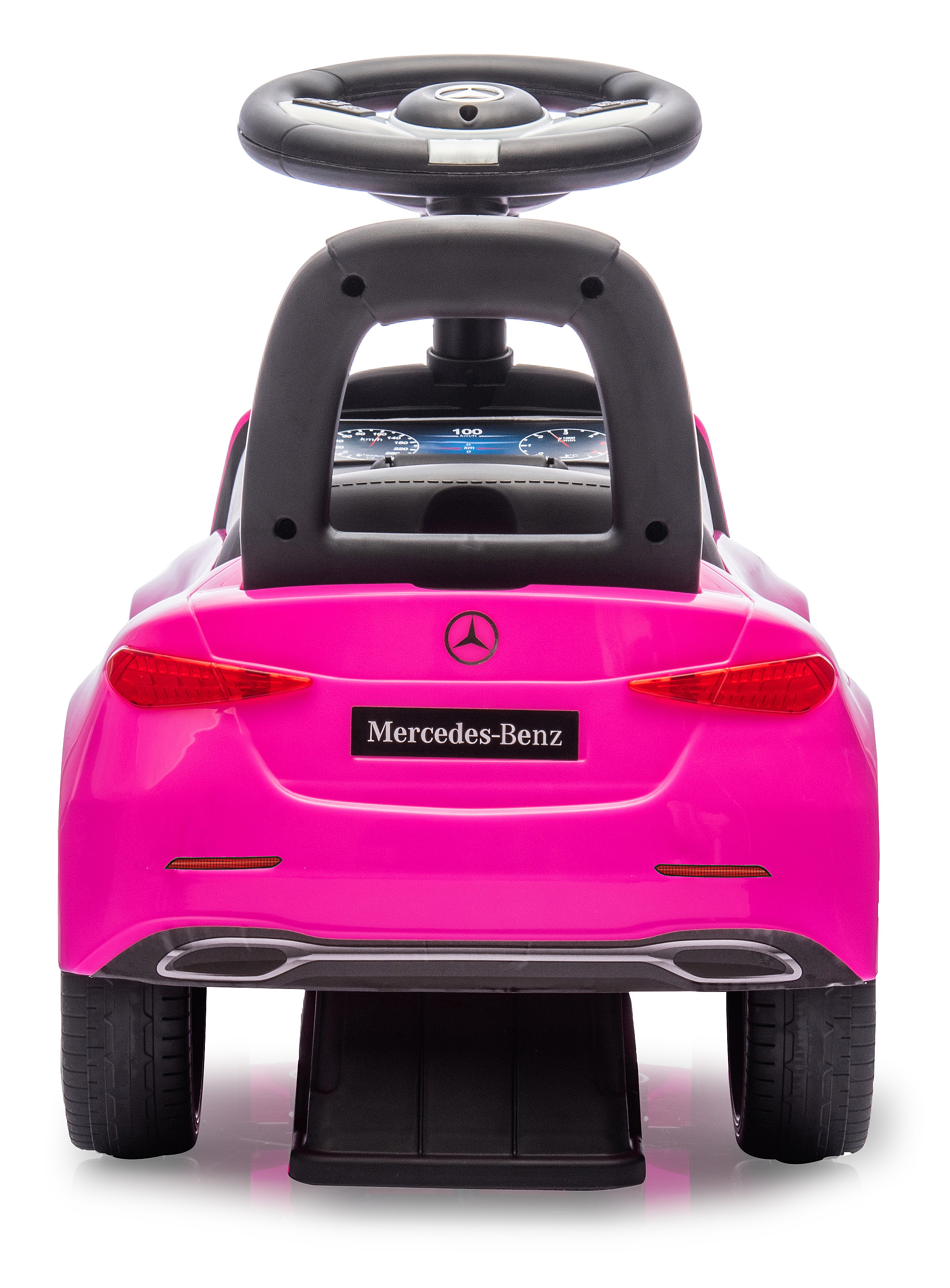 Ein pinkfarbenes Mercedes-Benz Spielzeugauto. Es hat ein Lenkrad, einen hinteren Griff und das Mercedes-Logo. Rückansicht.