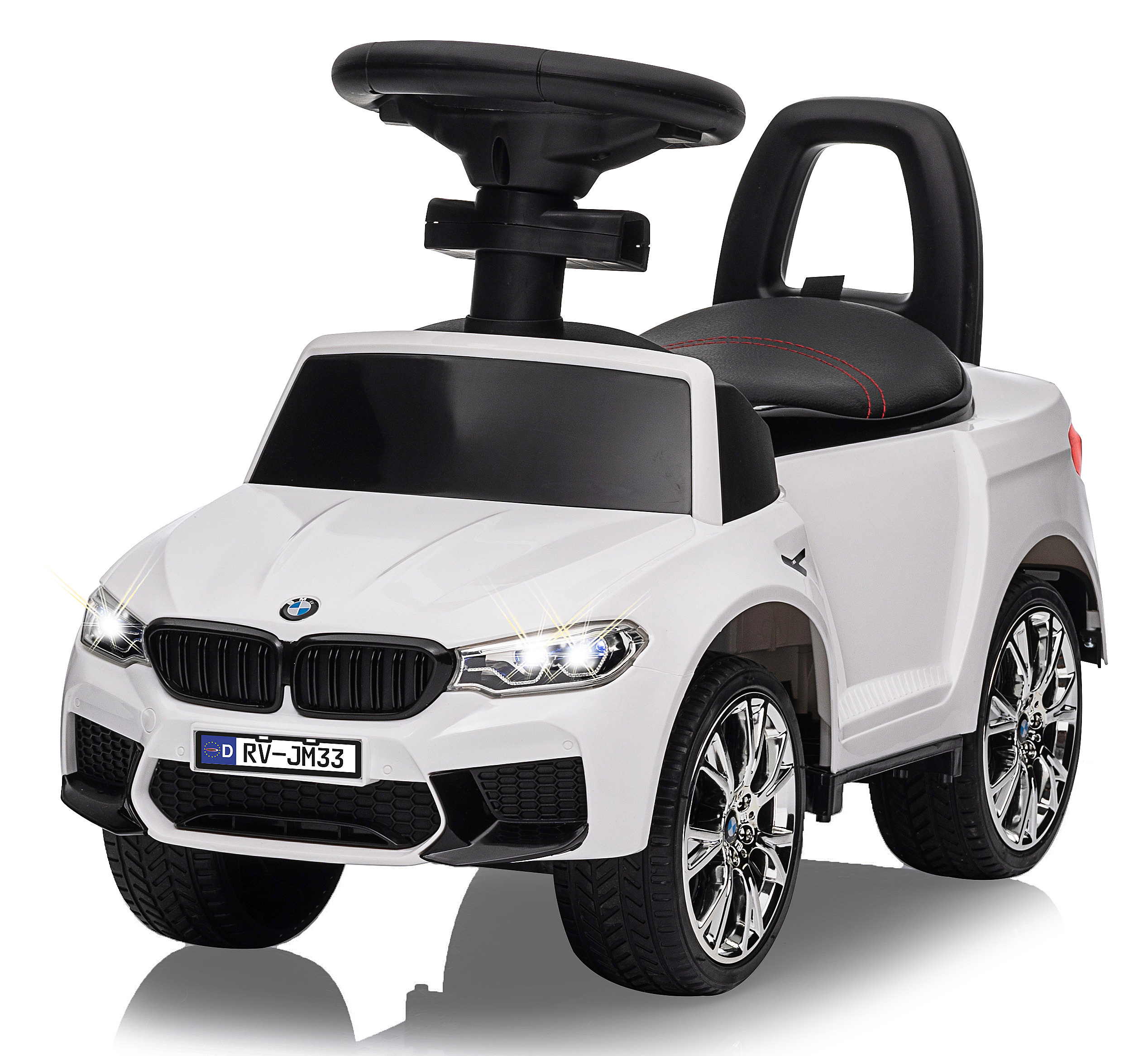 Ein weißes BMW-Spielzeugauto mit schwarzen Akzenten, eingeschalteten Lichtern und Chromfelgen auf weißem Hintergrund.