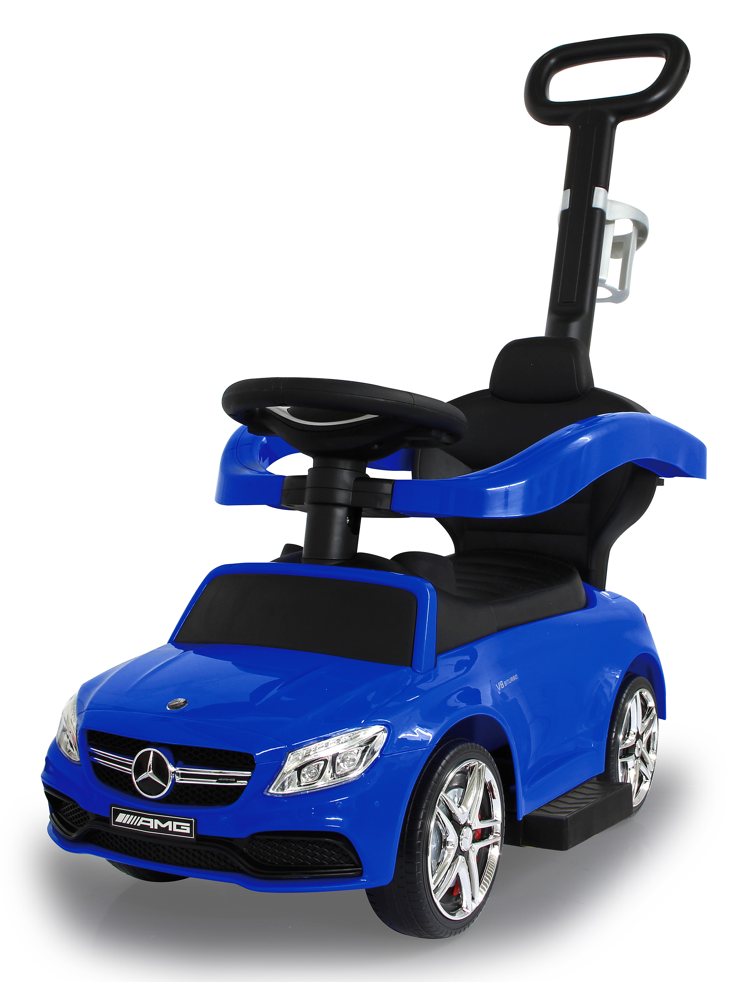 Un'auto giocattolo blu con maniglia di spinta nera. Ha volante e sedile. Le ruote sono argentate. Sfondo bianco.