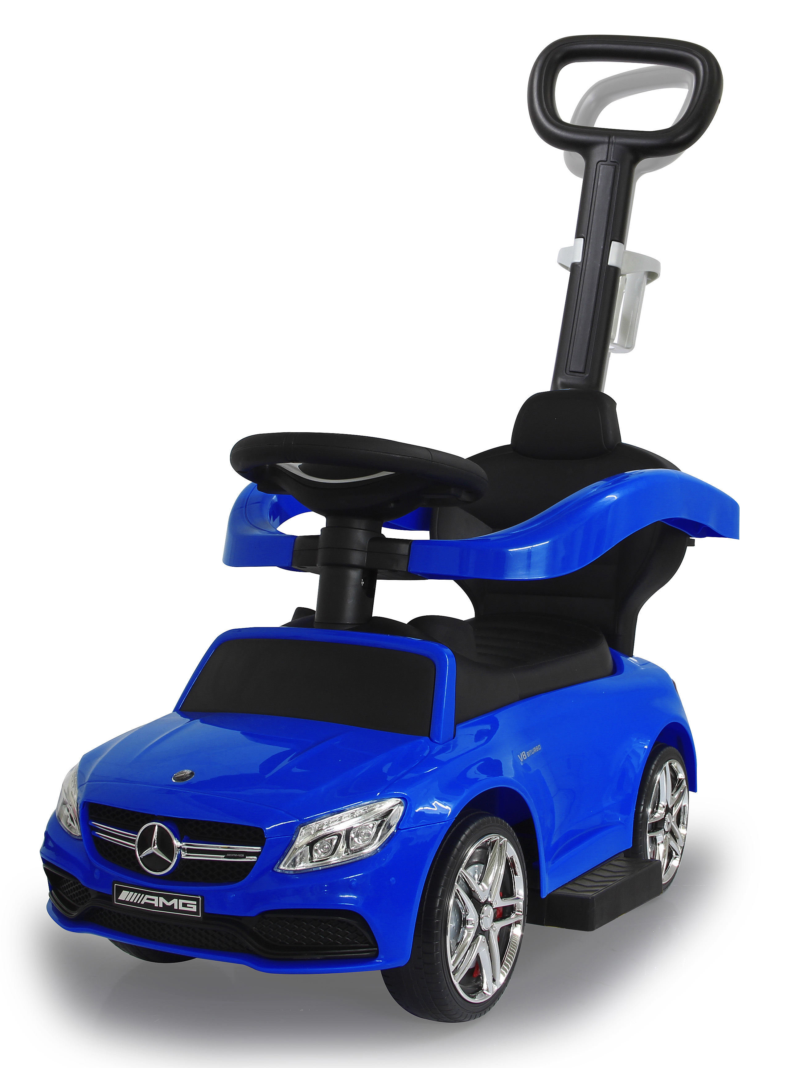 Un'auto giocattolo blu con manico nero. Ha un volante e le ruote sono argentate.