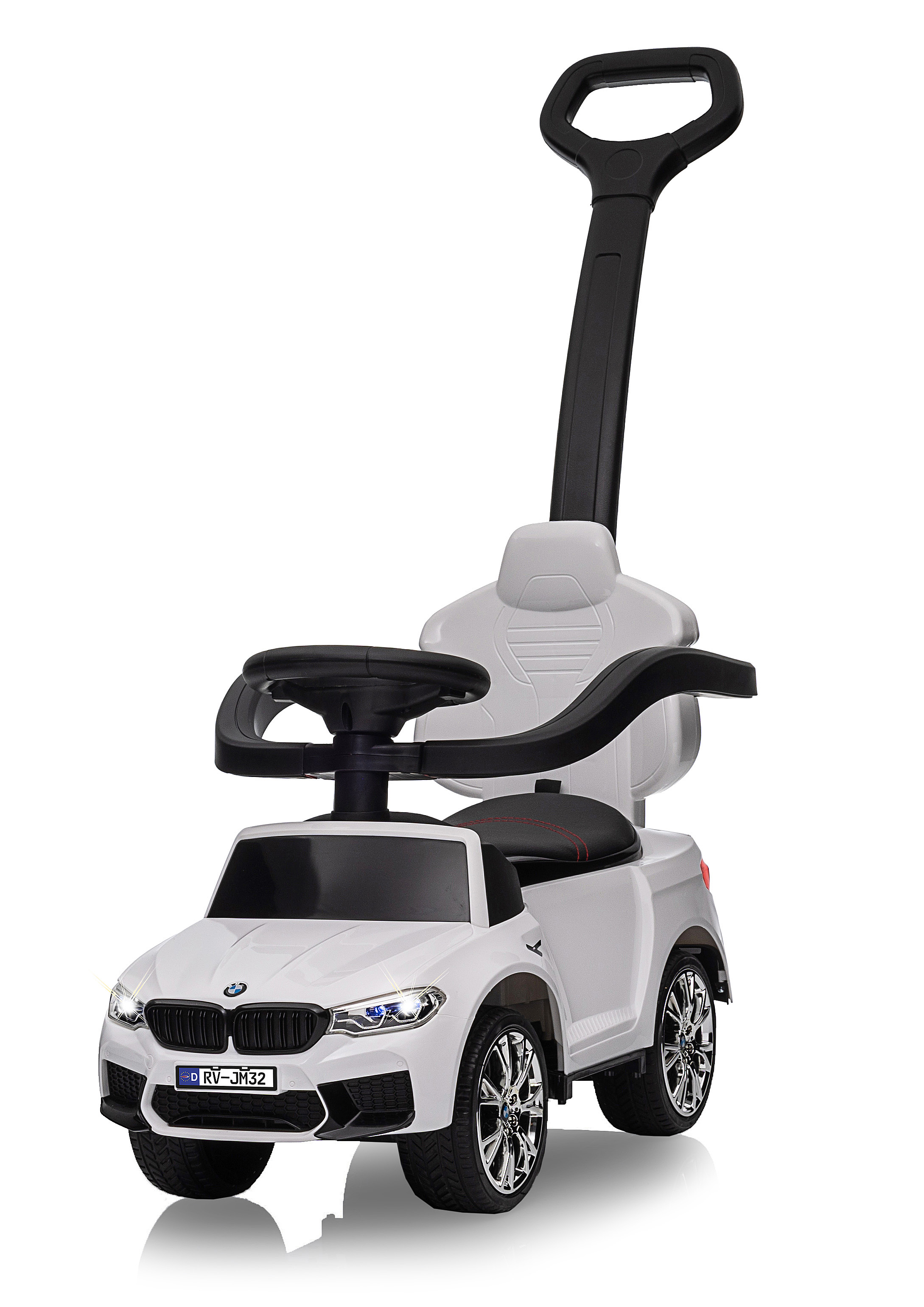 Un'auto giocattolo BMW bianca. Ha volante nero, maniglia e sedile. Le ruote sono argentate.