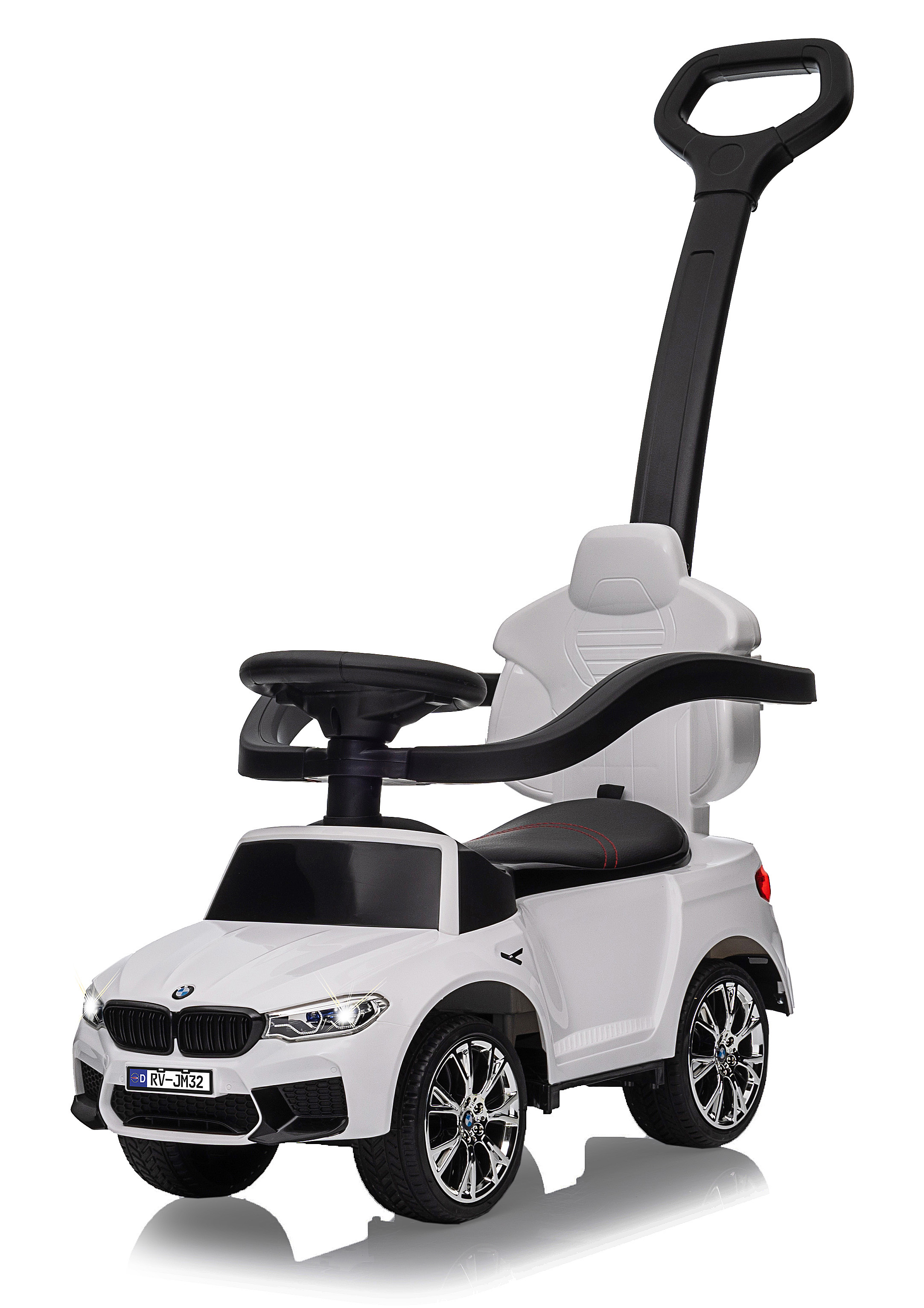 Un'auto giocattolo BMW bianca con maniglia, volante e sedile neri. Ha ruote lucenti e una targa.