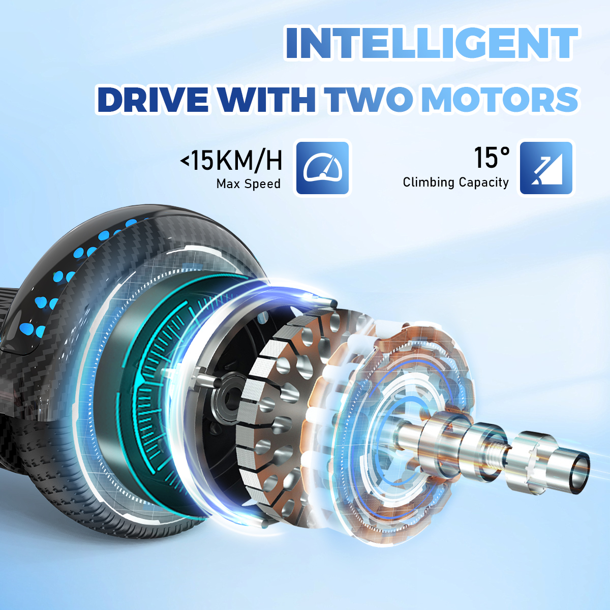 Widok rozłożony silnika hoverboardu, z tekstem wskazującym funkcje, takie jak maksymalna prędkość i zdolność wspinaczkowa.