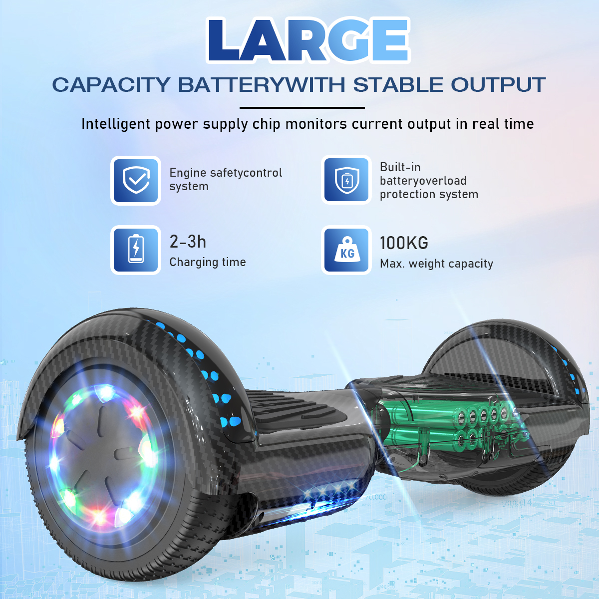 Czarny hoverboard z kolorowymi światłami i fakturą z włókna węglowego, z nakładką tekstową wskazującą funkcje, takie jak czas ładowania i udźwig.