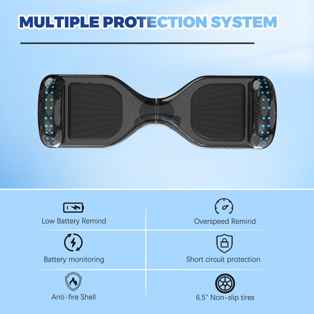 Czarny hoverboard z niebieskimi światłami. Posiada wiele funkcji ochronnych, w tym niski poziom naładowania baterii, przekroczenie prędkości i ochronę przed zwarciem.