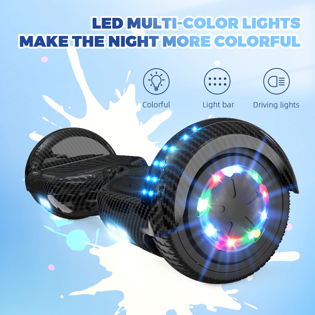 Howerboard z kolorowymi światłami LED. Ma czarny wzór z włókna węglowego. Tło jest jasnoniebieskie z tekstem.