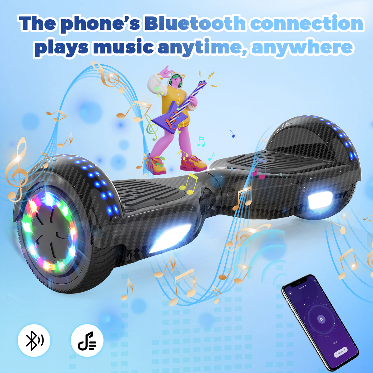 Hoverboard z postacią z kreskówki grającą na gitarze. Telefon wyświetlający aplikację muzyczną. Widoczne nuty i ikona Bluetooth.