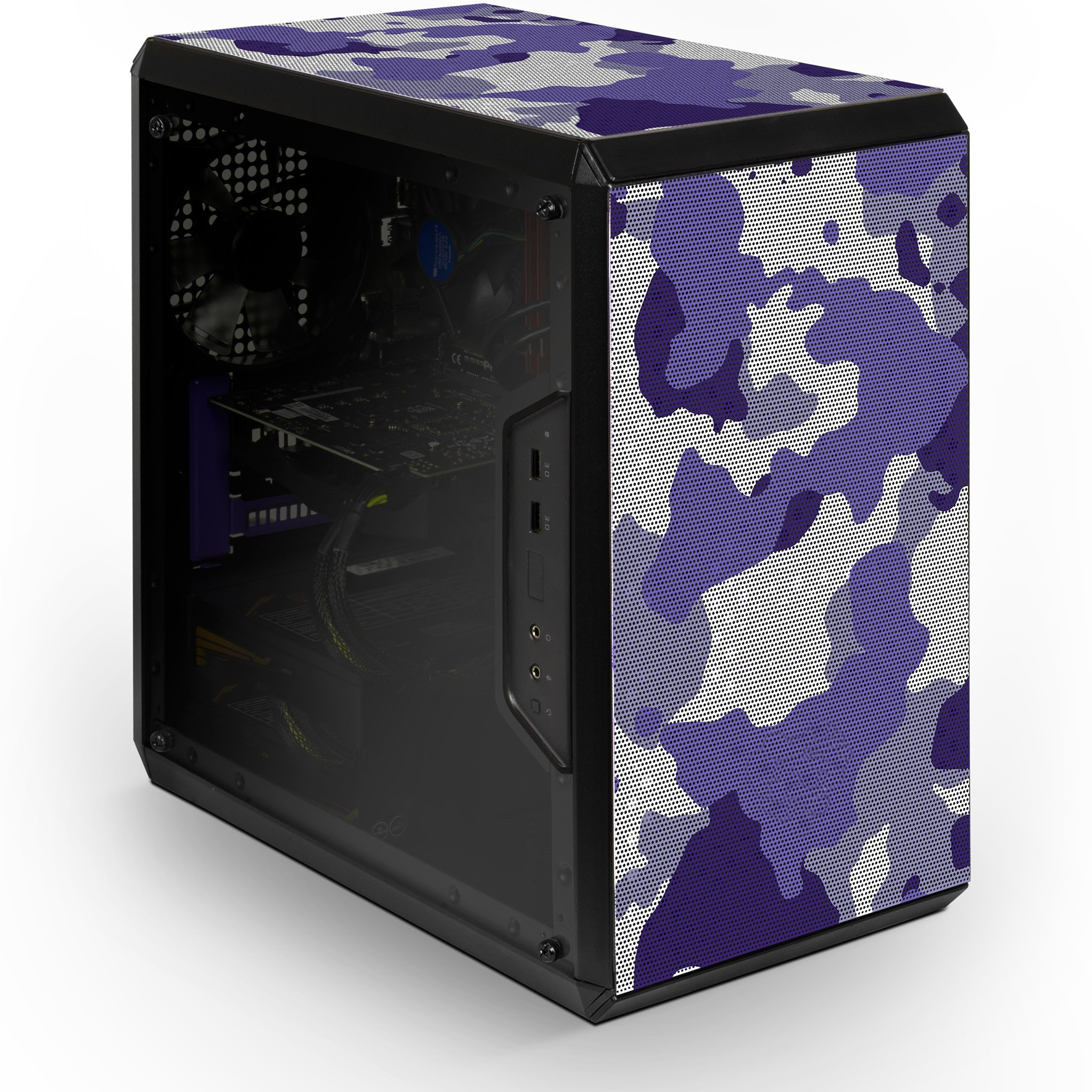 Obudowa komputera z fioletowym kamuflażem. Ma przezroczysty panel boczny i czarną ramę.