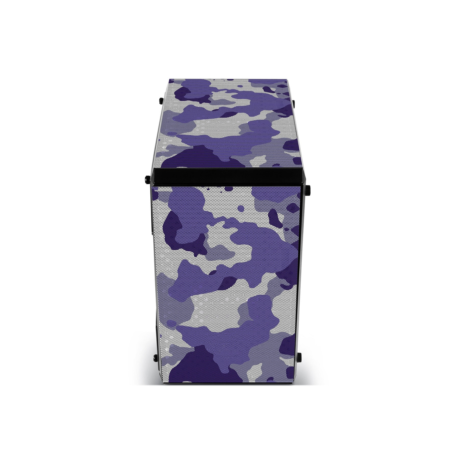 Obudowa komputera z fioletowym wzorem kamuflażu. Stoi na białej powierzchni.