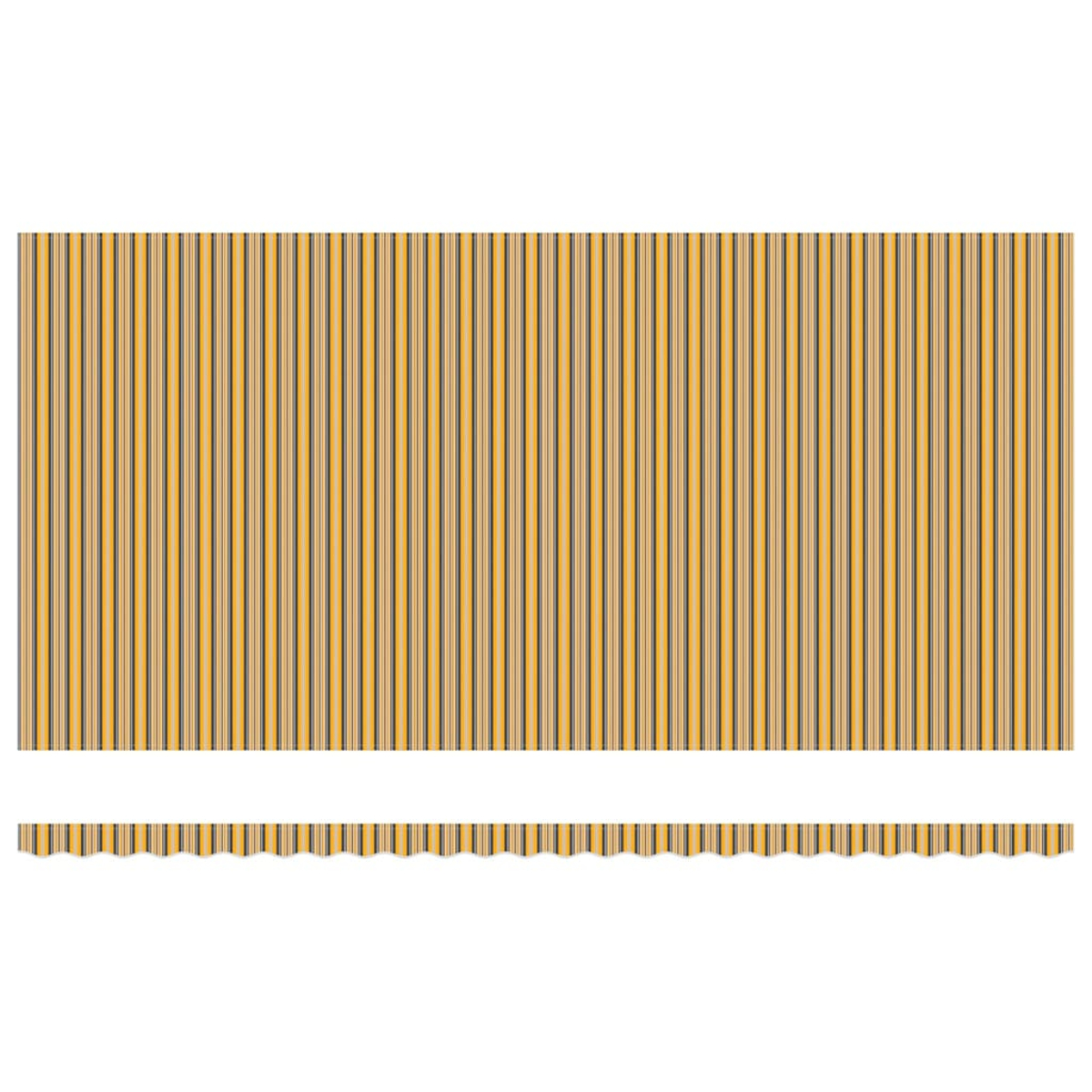 Vertikales Streifenmuster in Gelb, Beige und Schwarz. Am unteren Rand befindet sich ein Muschelrand. Das Gesamtdesign ist dekorativ.