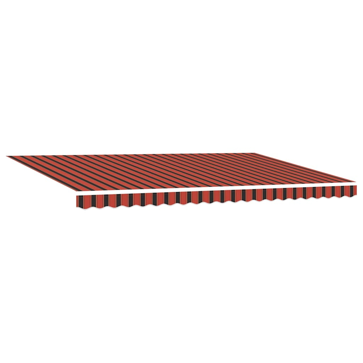 Ein rot-schwarz gestreifter Markisenstoff ist ausgefahren. Der Rand hat ein Muscheldesign. Der Hintergrund ist weiß.