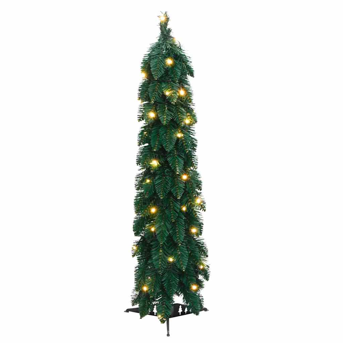 Ein hoher, schlanker grüner Weihnachtsbaum mit warmweißen Lichtern. Er steht auf einem schwarzen Metallsockel vor weißem Hintergrund.