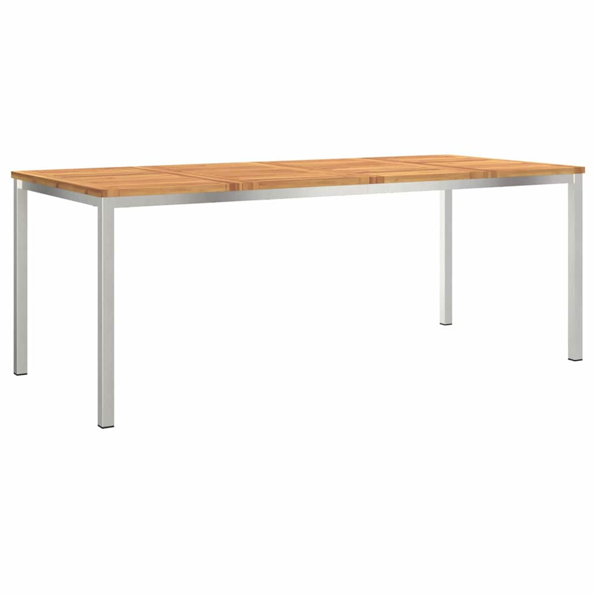 Ein rechteckiger Holztisch mit hellbrauner Oberfläche und hellgrauen Metallbeinen. Der Tisch ist auf weißem Hintergrund isoliert.
