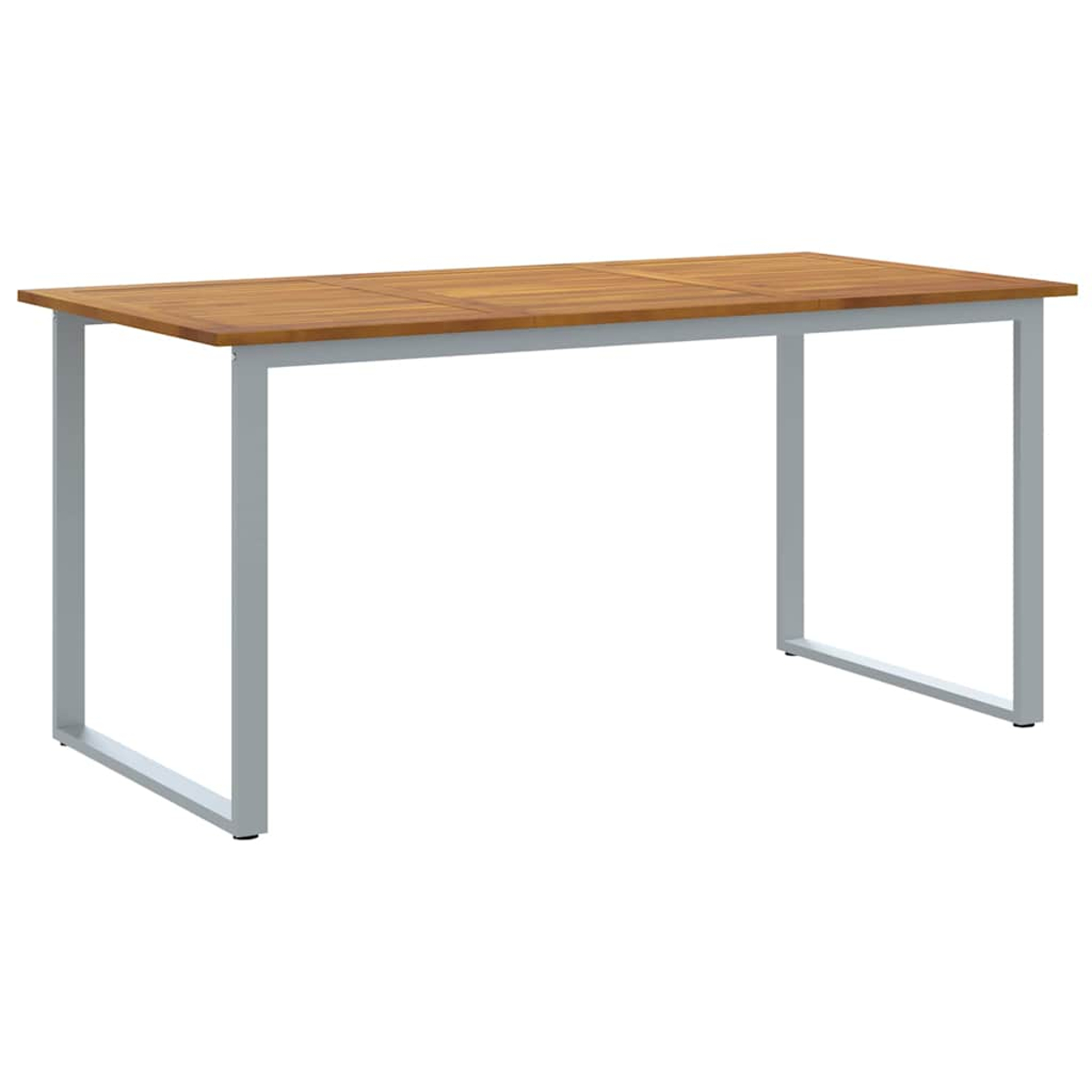 Ein rechteckiger Holztisch mit brauner Platte und grauen Metallbeinen auf weißem Hintergrund.