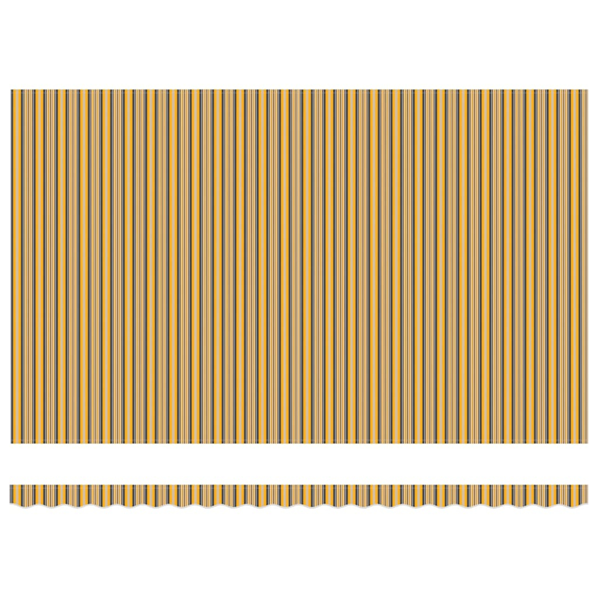 Ein Muster mit vertikalen Streifen in Gelb, Beige und Dunkelgrau. Am unteren Rand befindet sich ein wellenförmiger Rand, der zu den Streifenfarben passt.