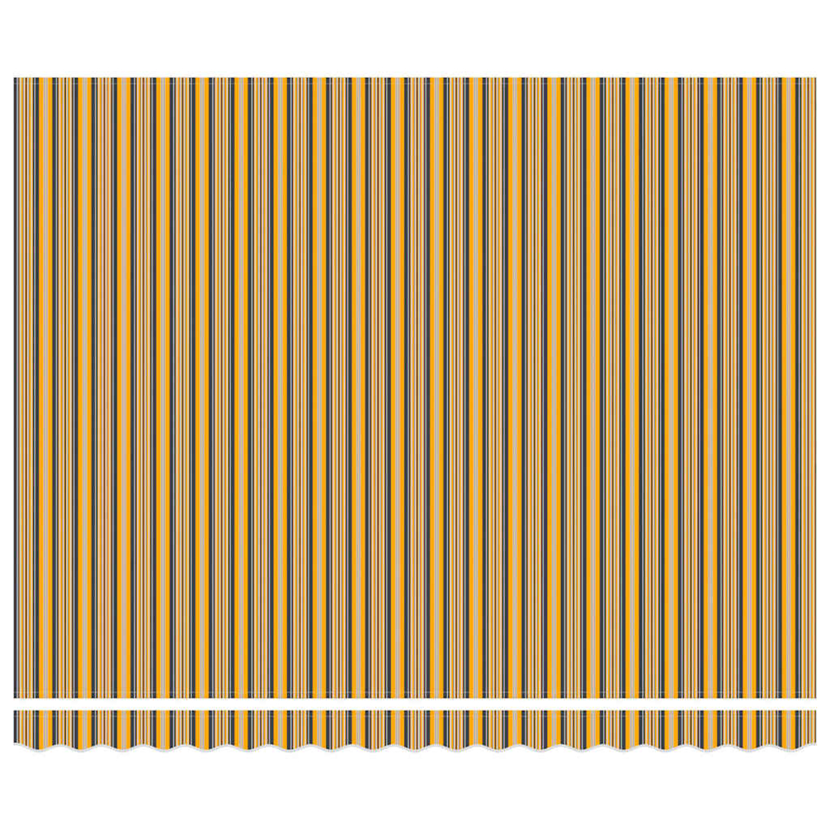 Vertikales Streifenmuster. Farben: Gelb, Schwarz und Beige. Am unteren Rand ein wellenförmiger Rand. Hintergrund ist weiß.