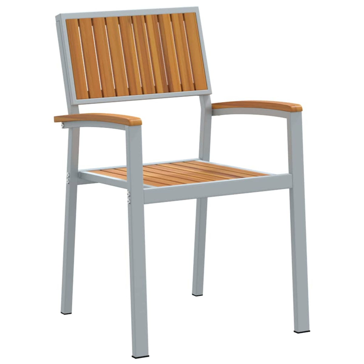 Moderner Stuhl mit grauem Metallrahmen. Sitzfläche und Rückenlehne sind Holzlatten. Armlehnen sind aus gebogenem Holz. Der Stuhl steht vor weißem Hintergrund.
