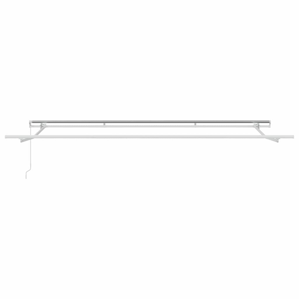 Ein weißes, horizontales Gardinenschienensystem ist vor einem weißen Hintergrund installiert. Ein Kabel hängt von der linken Seite.