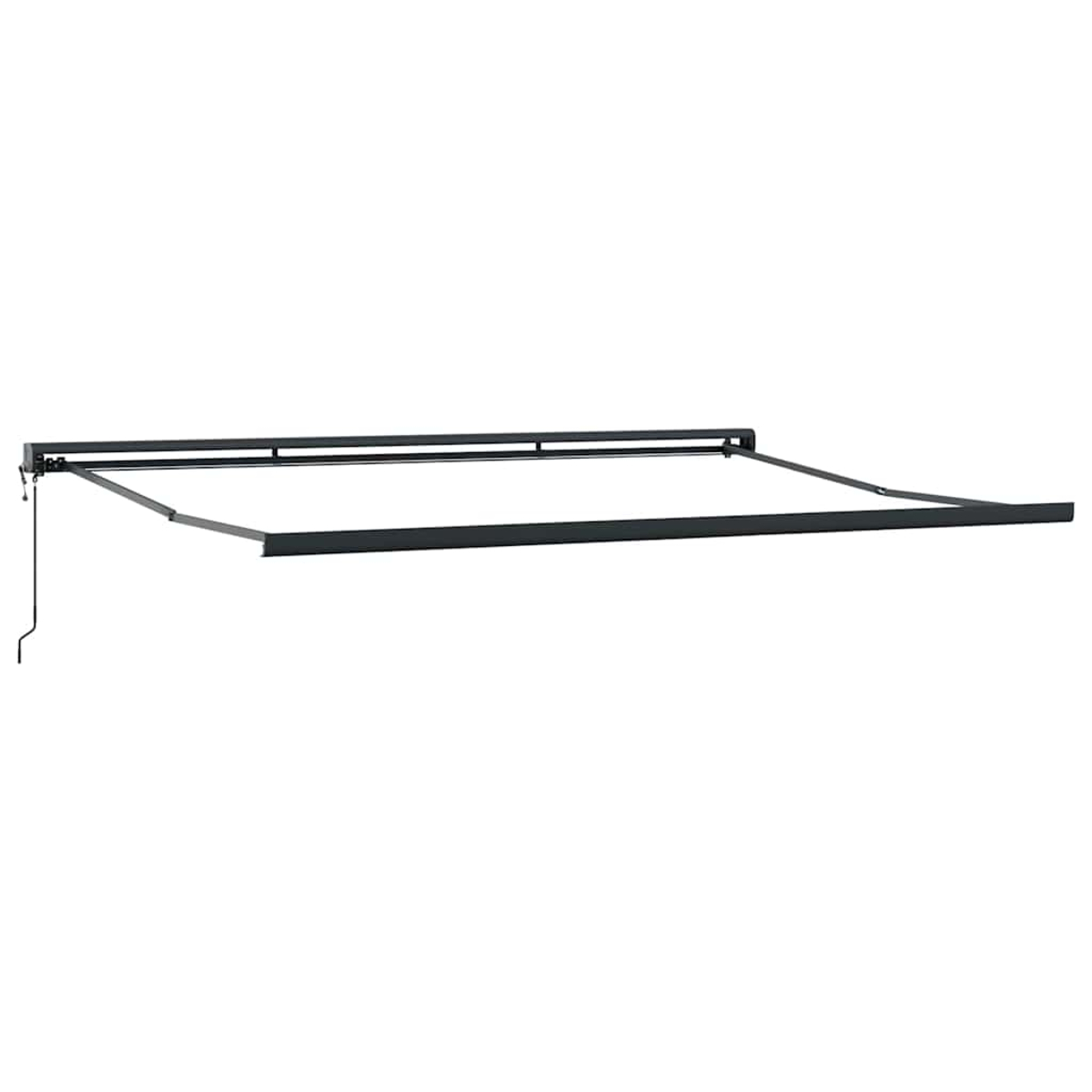 Eine schwarze Markise ist ausgefahren. Der Metallrahmen ist an einer weißen Wand befestigt. Auf der linken Seite hängt eine Kurbel.