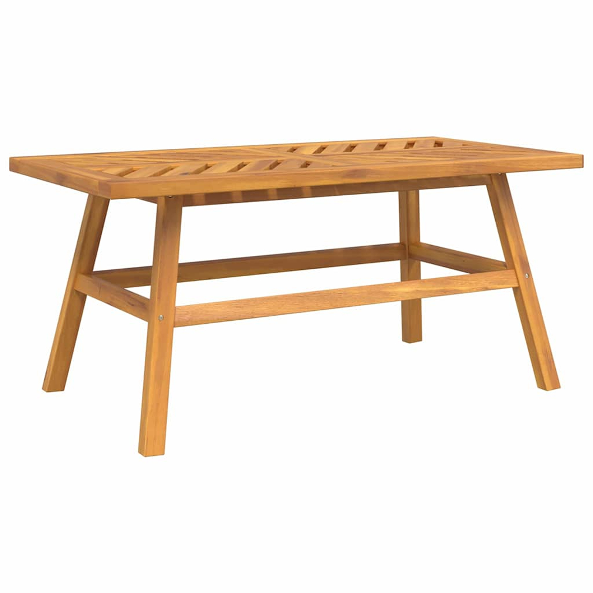 Ein rechteckiger Holztisch mit Lattenrost und abgewinkelten Beinen. Er ist hellbraun und steht vor weißem Hintergrund.