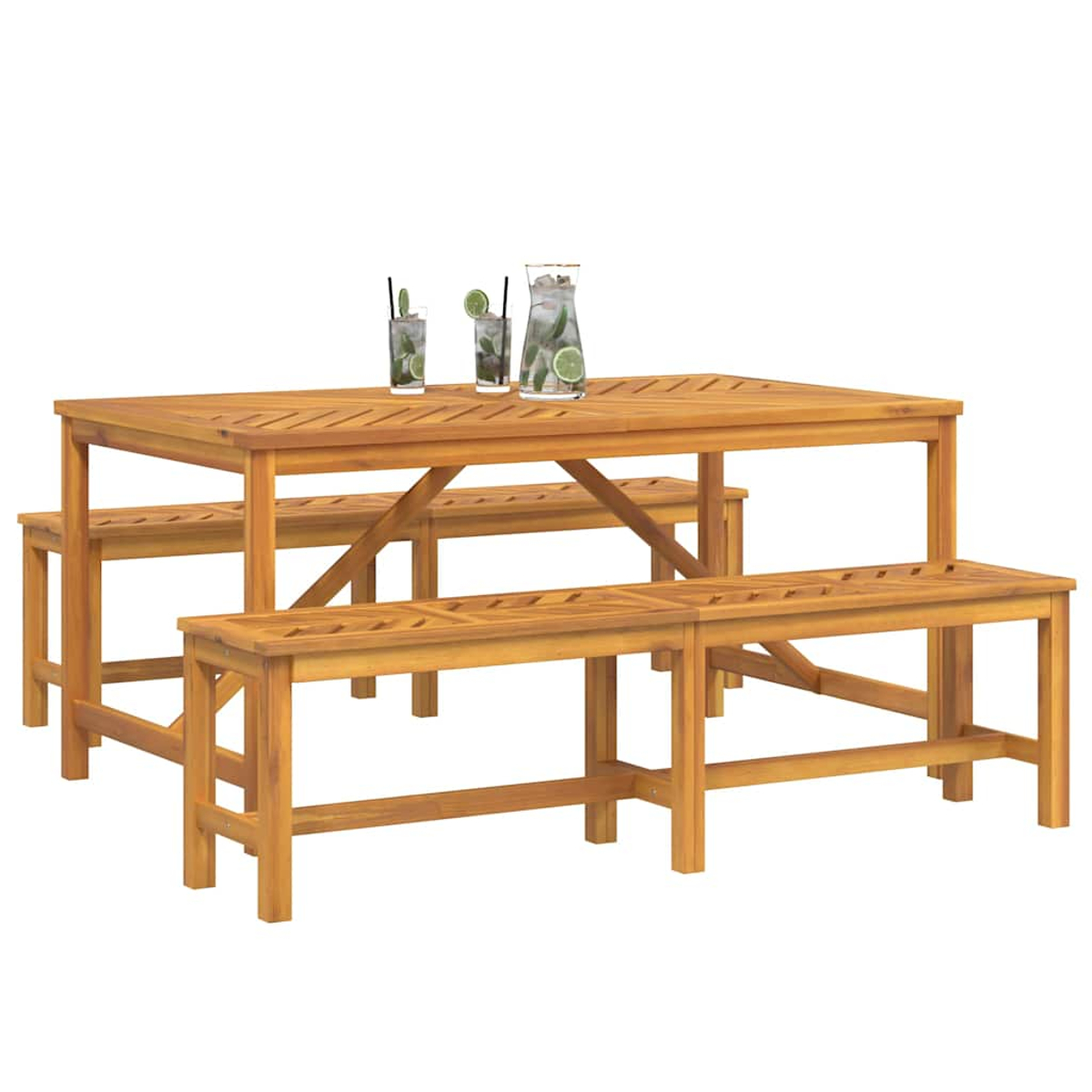 Un juego de comedor de madera para exteriores con mesa rectangular, dos bancos y bebidas con lima y hielo.