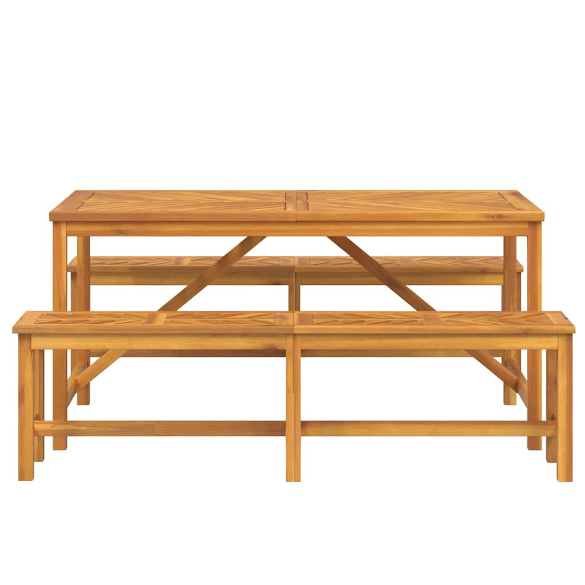 Juego de comedor de madera para exteriores con mesa rectangular y dos bancos, todo en color marrón claro, sobre fondo blanco.