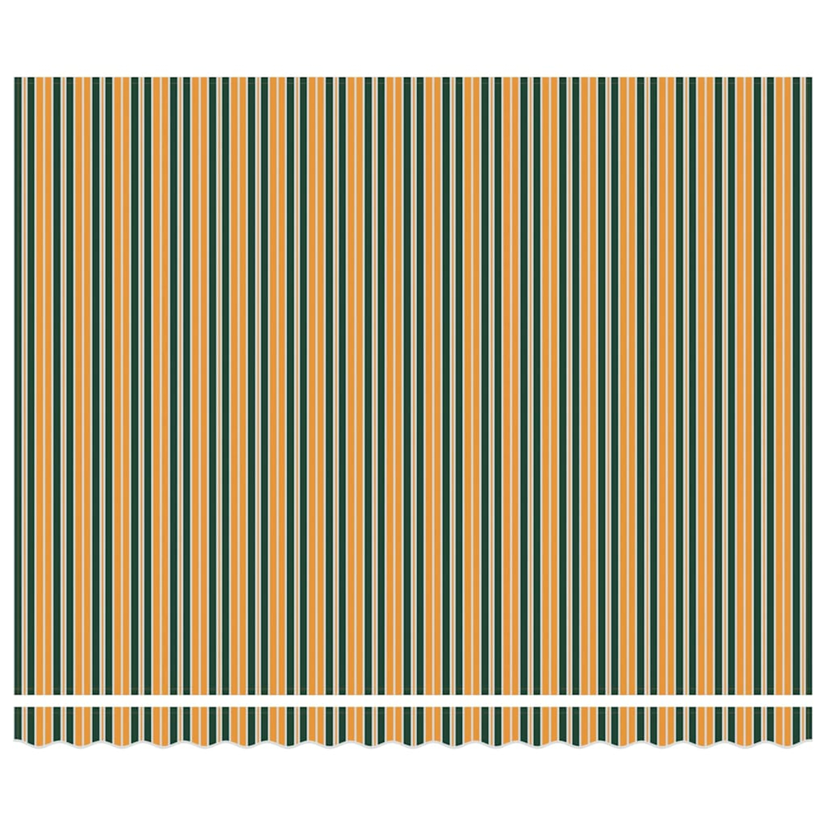 Muster aus vertikalen Streifen. Abwechselnde Farben: Dunkelgrün, Gelb und Beige. Gezackter weißer Rand unten.