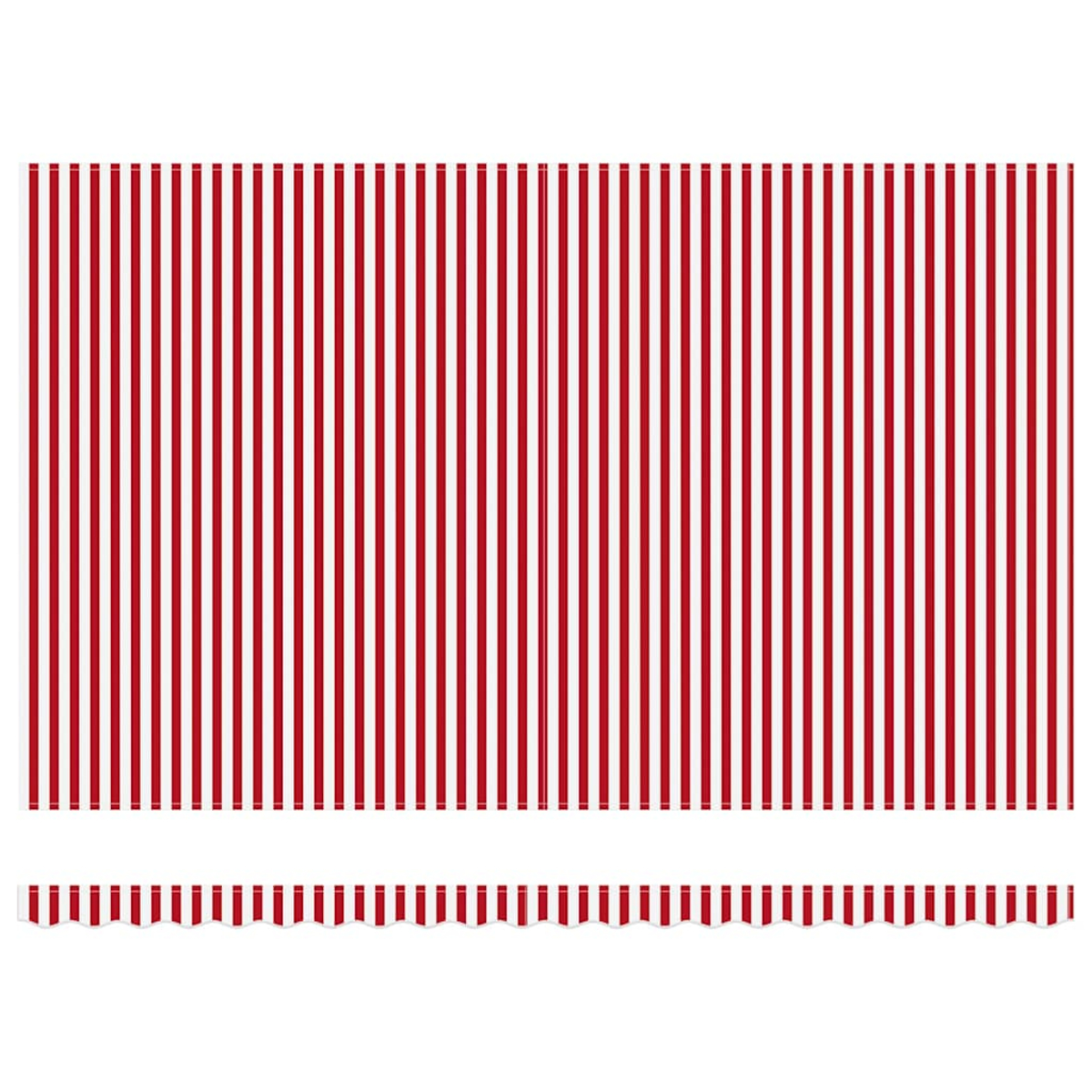 Rotes und weißes Streifenmuster. Vertikale rote Streifen wechseln sich mit weißen Streifen ab. Am unteren Rand befindet sich ein gewellter Rand im gleichen Design.