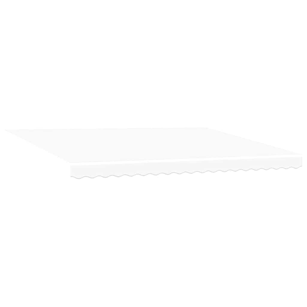 Ein weißer Markisenstoff mit gewelltem Rand. Die Markise erstreckt sich horizontal, mit einem schlichten weißen Hintergrund.