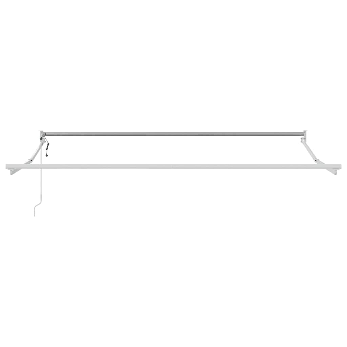 Ein weißer, an der Wand befestigter Wäschetrockner. Die obere Stange ist silberfarben, die untere weiß, beide horizontal. Ein weißes Kabel hängt herunter.