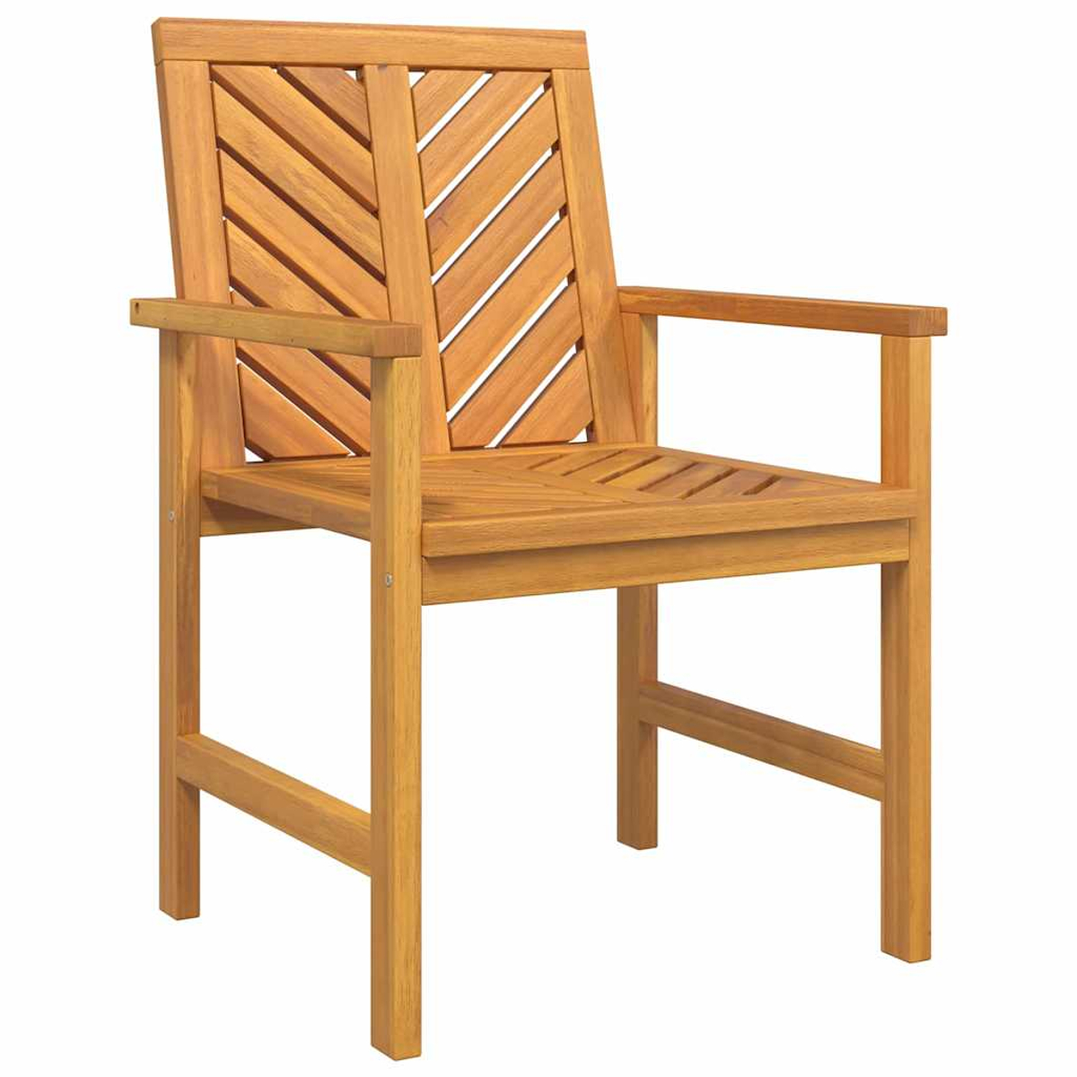 Holzstuhl mit Armlehnen. Rückenlehne und Sitzfläche haben ein Lamellendesign. Der Stuhl ist aus hellbraunem Holz, isoliert auf weißem Hintergrund.
