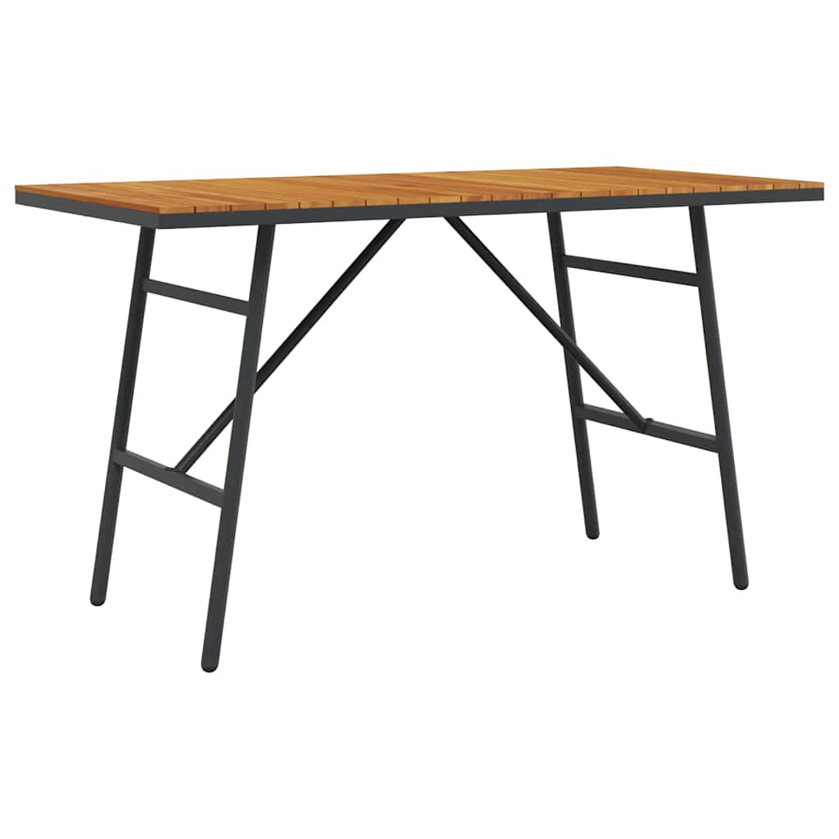 Ein rechteckiger Holztisch mit schwarzen Metallbeinen und -rahmen. Der Tisch ist leer und der Hintergrund ist weiß.