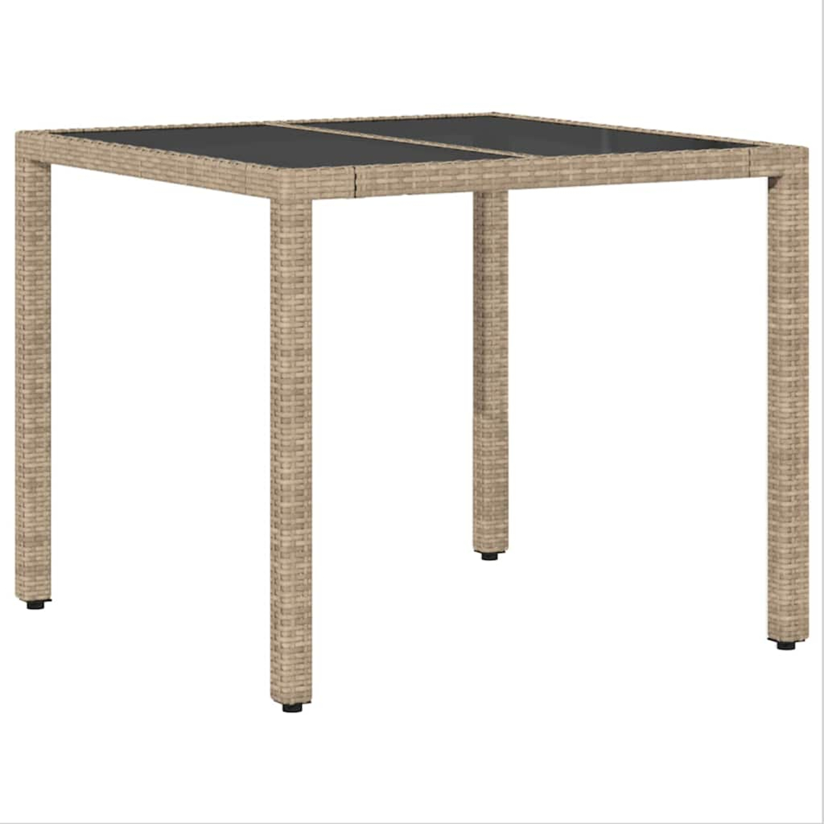 Ein quadratischer Gartentisch mit gewebtem hellbraunem Rahmen und einer dunkelgrauen Glasplatte. Der Tisch hat vier Beine und ist zentriert.