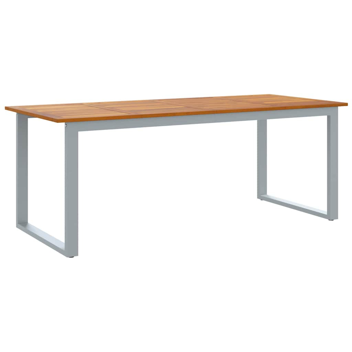 Ein rechteckiger Tisch mit brauner Holzplatte und grauen Metallbeinen steht vor weißem Hintergrund.