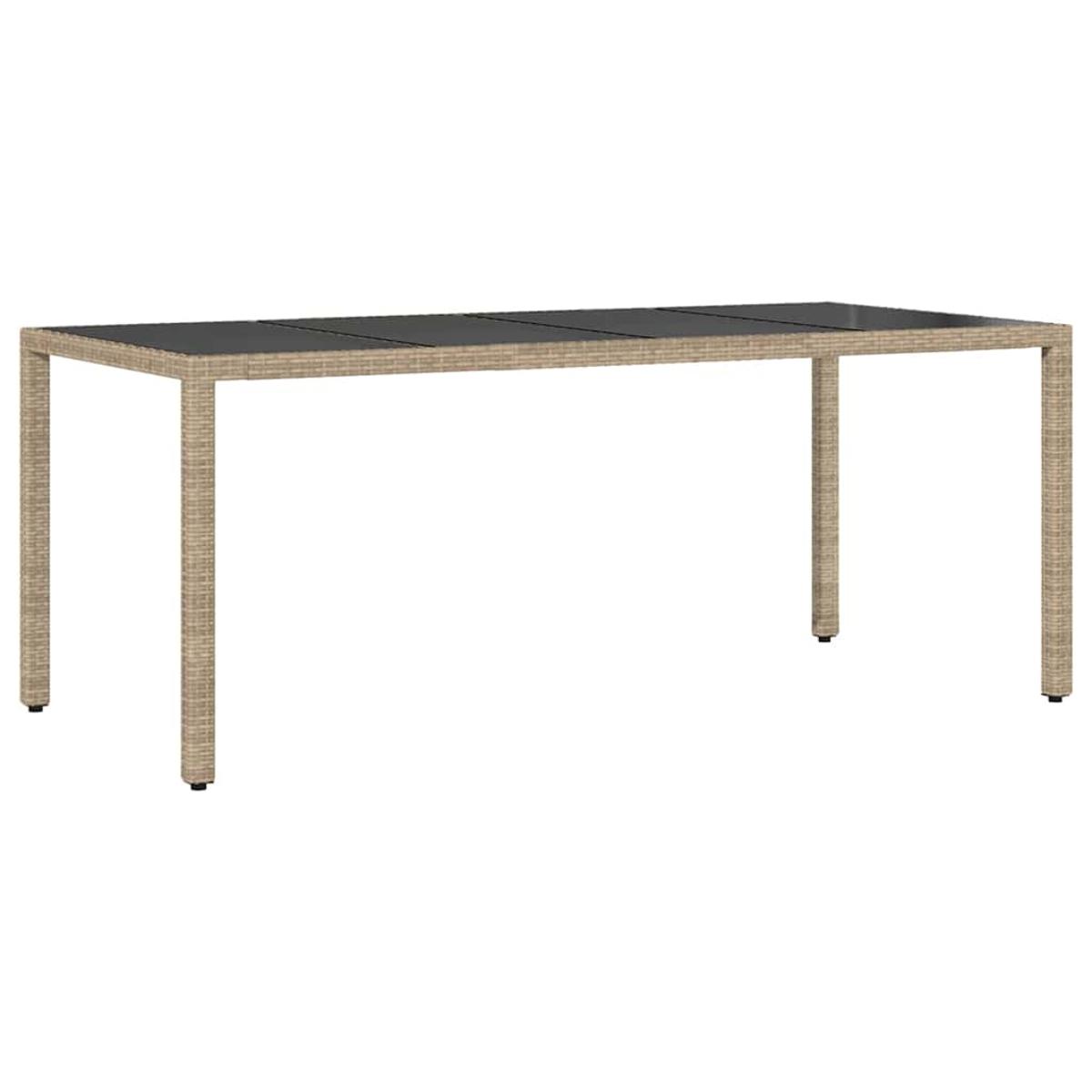 Ein rechteckiger Esstisch im Freien. Er hat eine dunkelgraue Tischplatte, beige gewebte Beine und steht vor einem weißen Hintergrund.