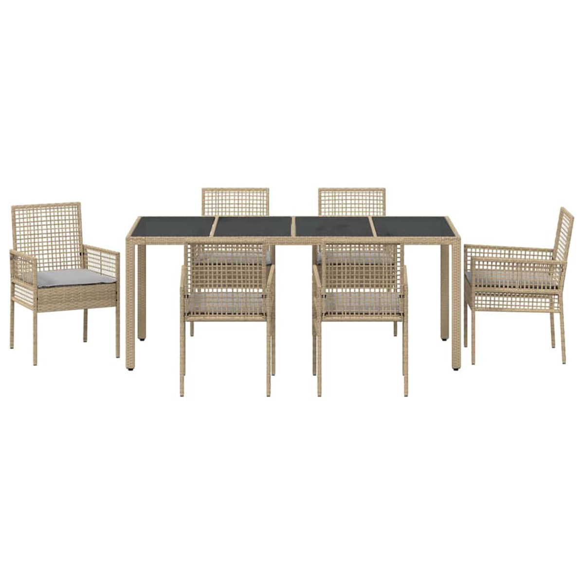 Ein beiges Rattan-Ess-Set für den Außenbereich, bestehend aus einem rechteckigen Tisch mit schwarzer Platte und sechs passenden Stühlen.