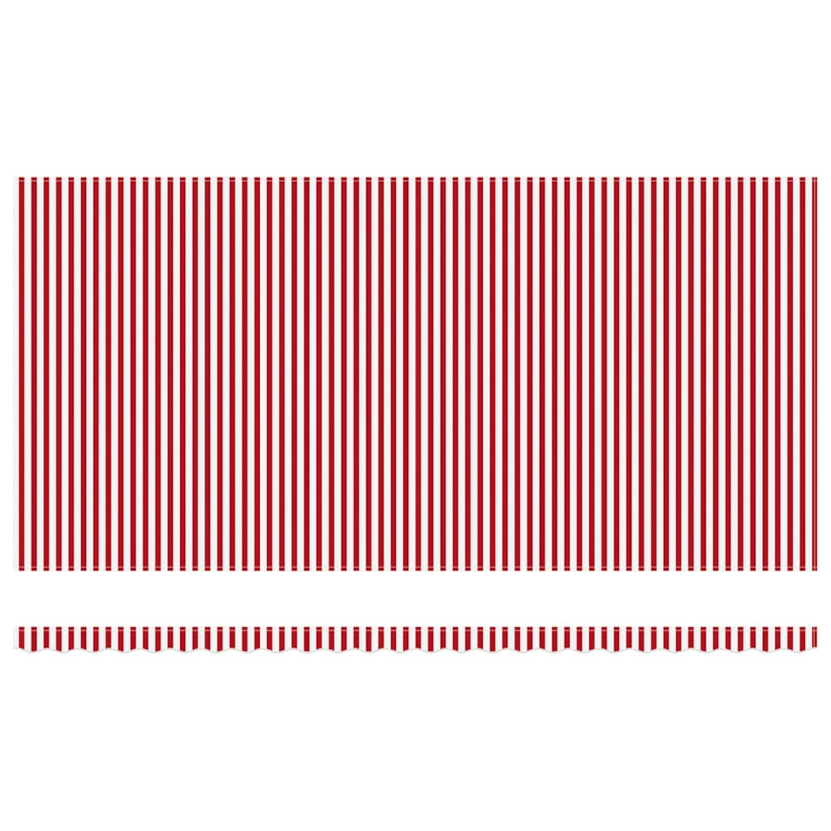 Ein Muster aus vertikalen roten Streifen auf weißem Hintergrund mit einem gezahnten Rand am unteren Rand. Das Muster ist gleichmäßig und sich wiederholend.