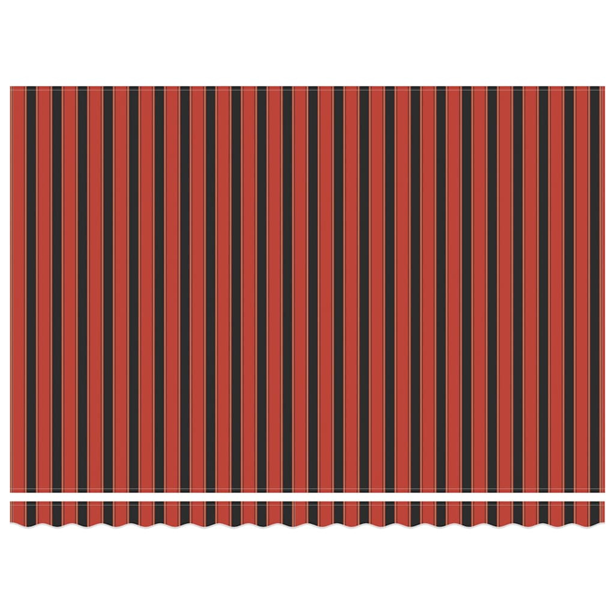Motivo a strisce rosse e nere, stile tenda da sole. Presenta un bordo bianco smerlato in basso.