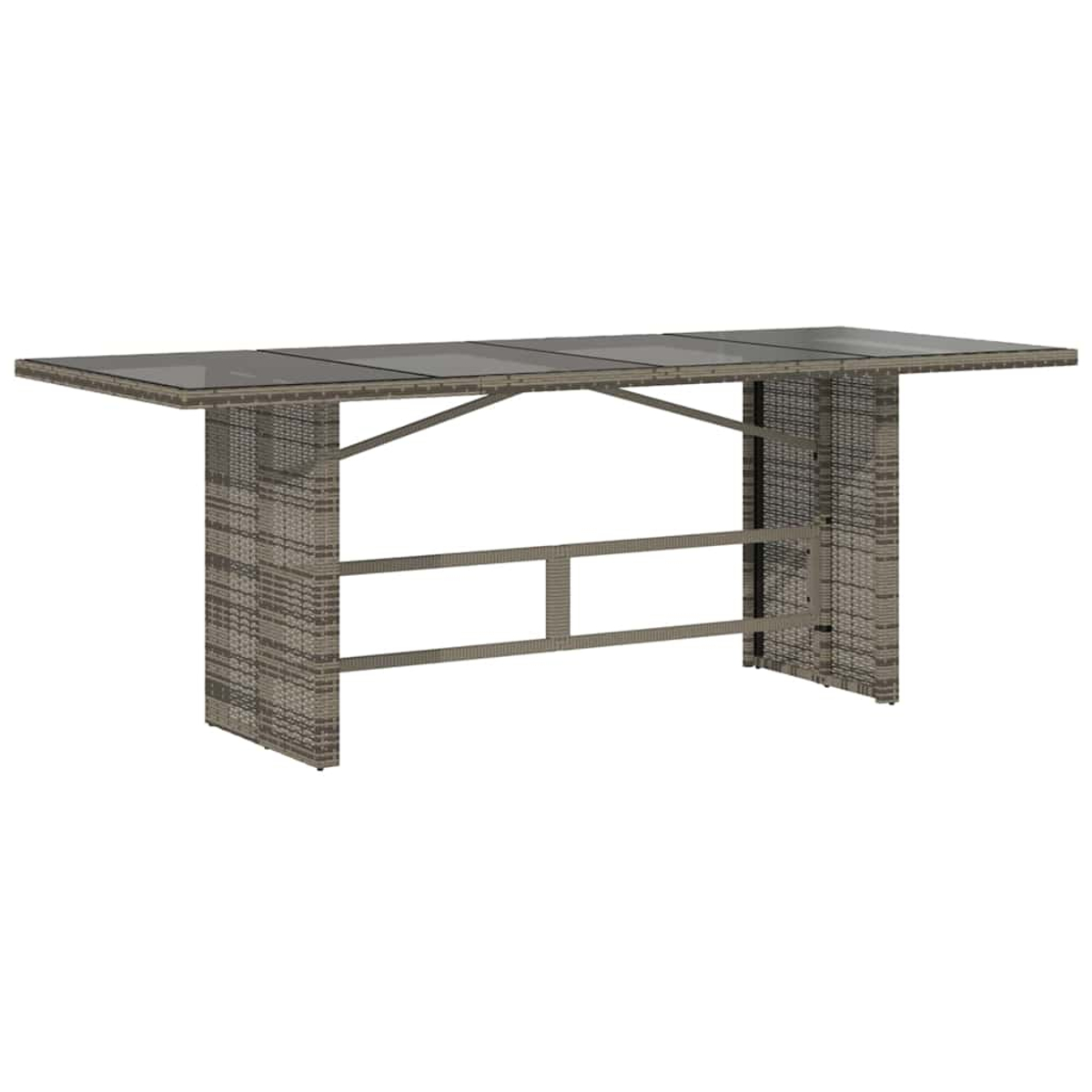 Ein rechteckiger Gartentisch mit Glasplatte und gewebten Korbrändern. Der Tisch ist grau und braun mit weißem Hintergrund.