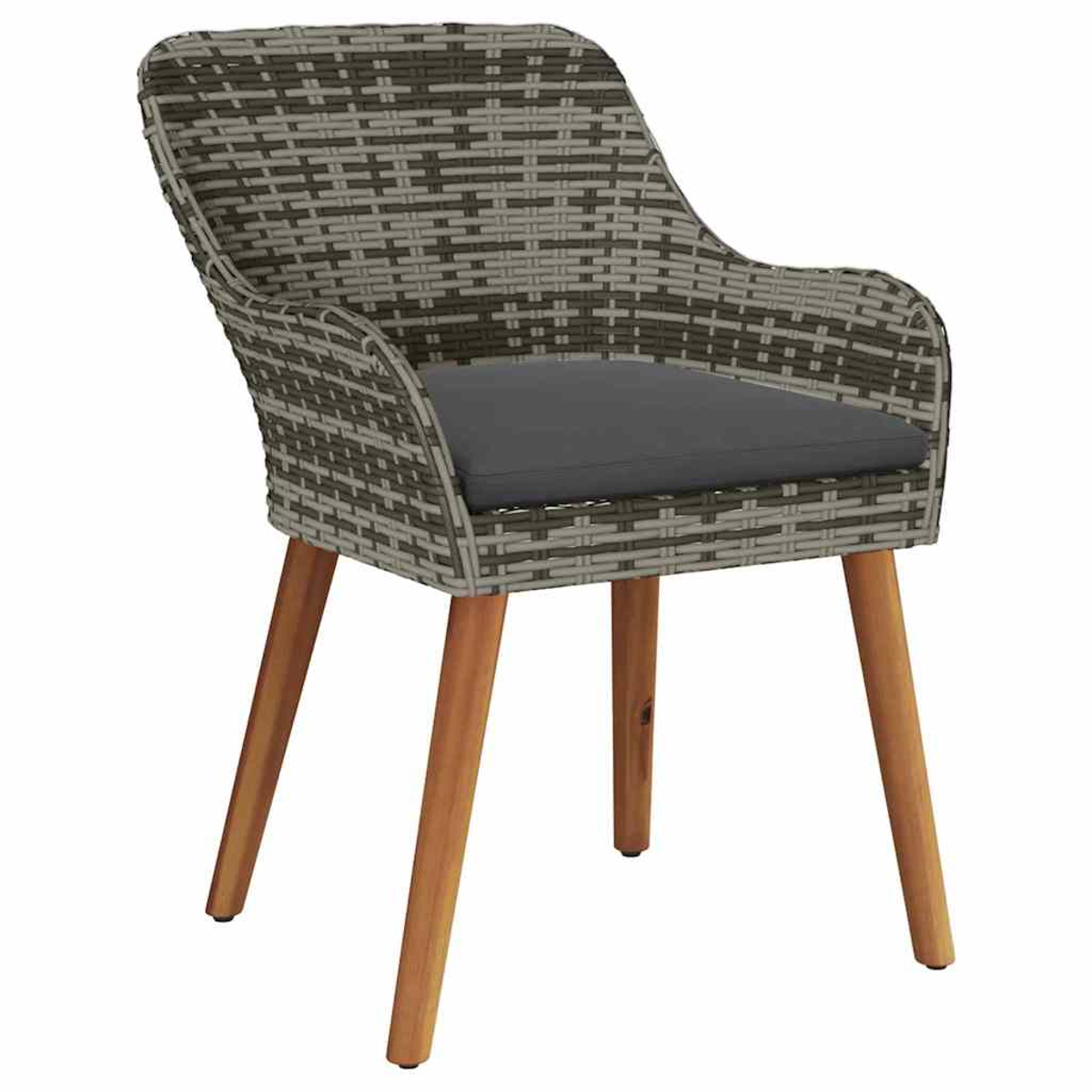 Ein Korbstuhl mit grauem Sitzkissen und Holzbeinen. Der Stuhl besteht aus gewebtem grauem und braunem Material.