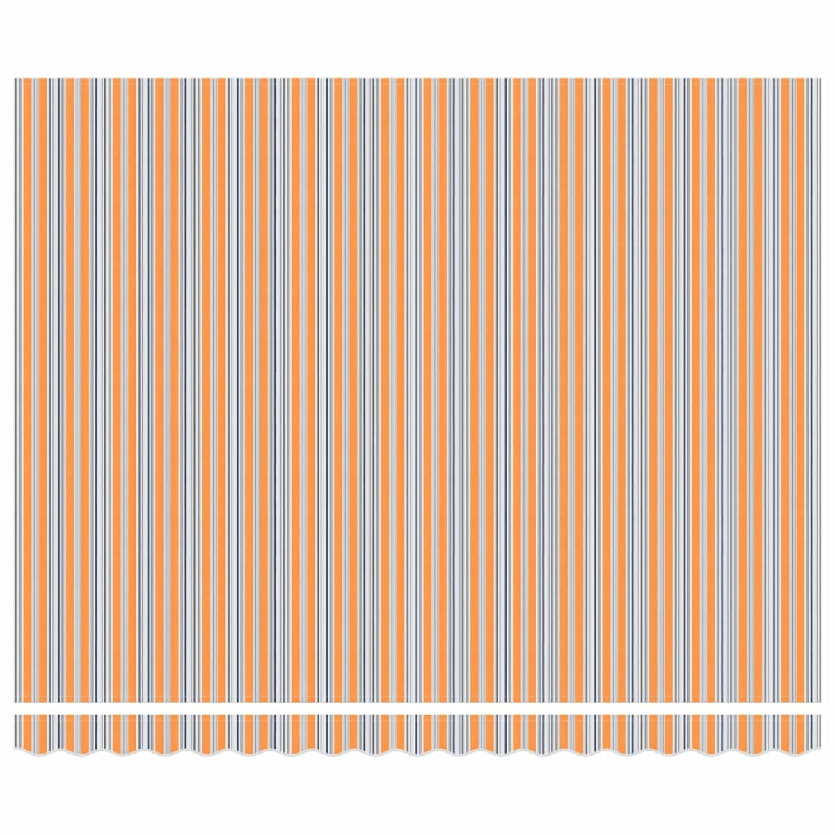 Vertikales Streifenmuster. Orange, Grau und Marineblau. Gezackter Rand unten. Weißer Hintergrund.