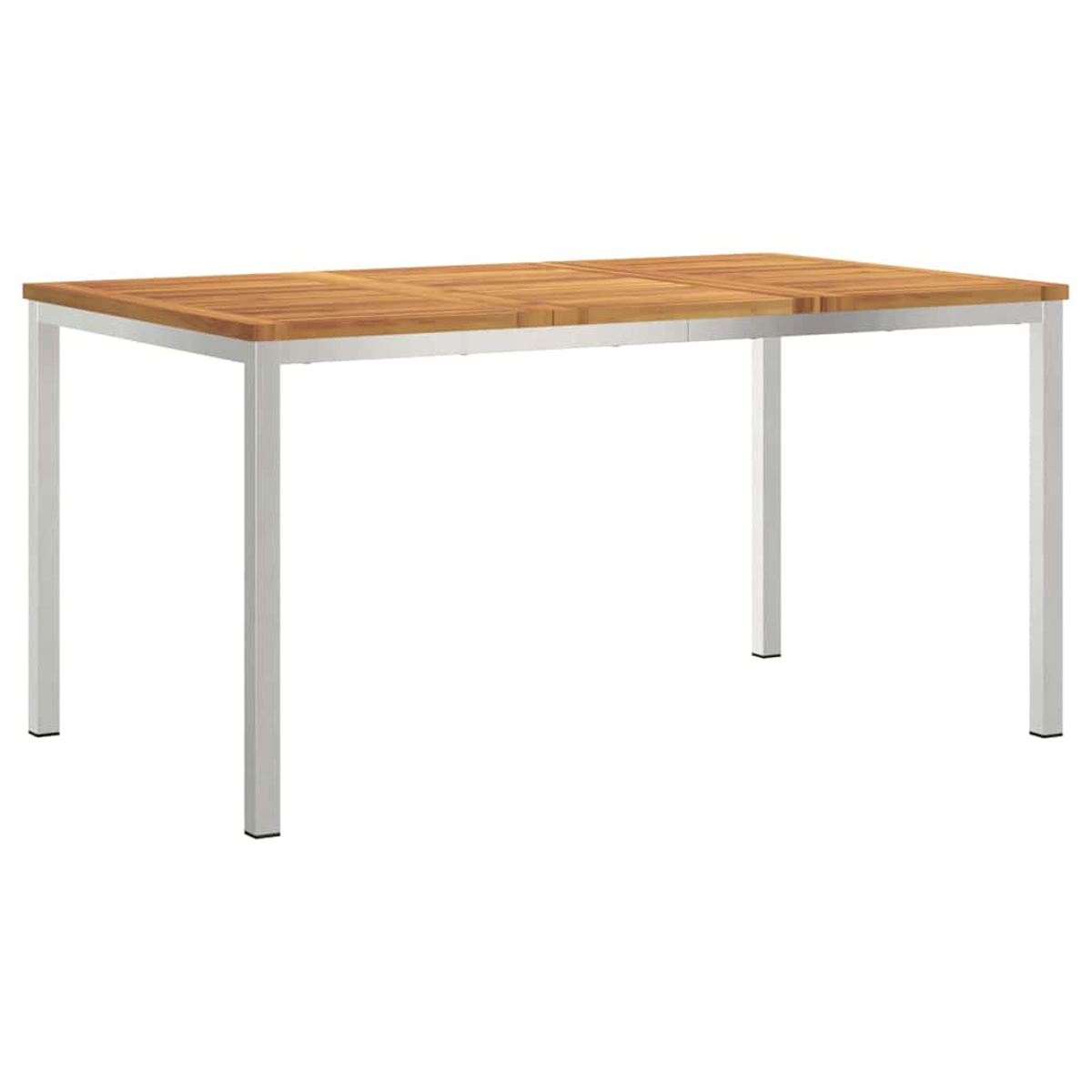 Ein rechteckiger Holztisch mit hellbrauner Platte und silbernen Metallbeinen. Der Tisch ist leer und steht allein vor weißem Hintergrund.