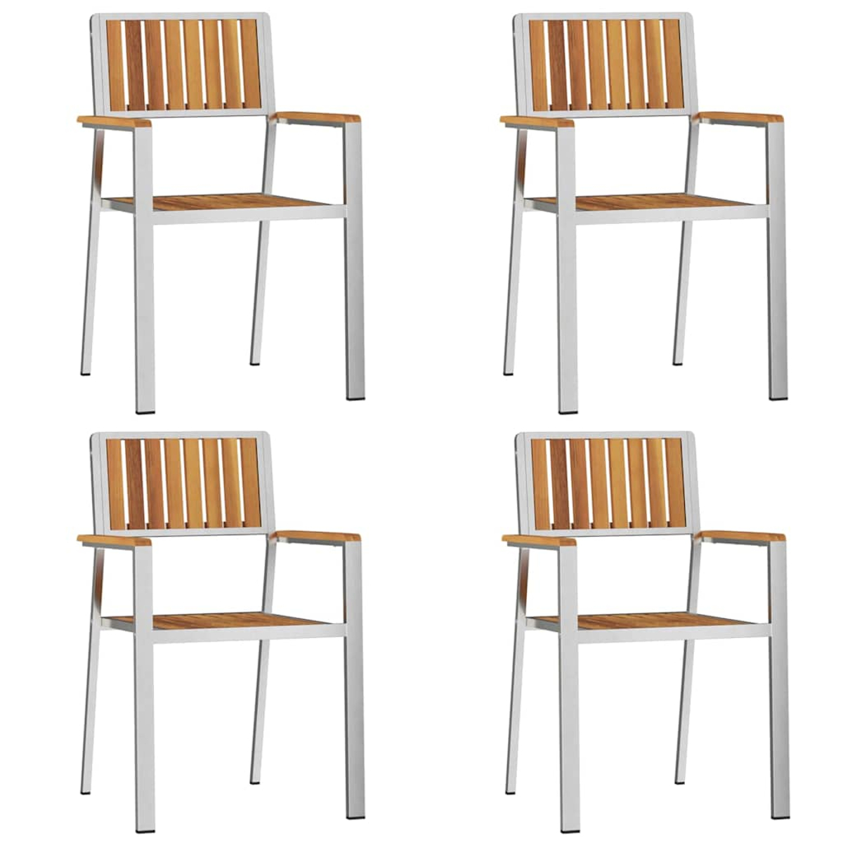 Vier Stühle mit Holzlatten und Armlehnen. Die Rahmen sind silberfarben. Die Stühle sind in einem 2x2-Muster vor weißem Hintergrund angeordnet.